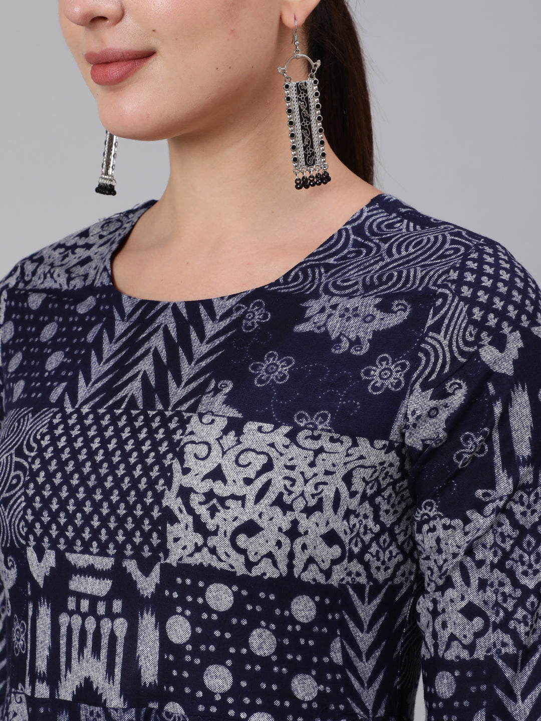 Cotton Ankle Length Printed Flared 3/4 Sleeve Round Neck Kurta