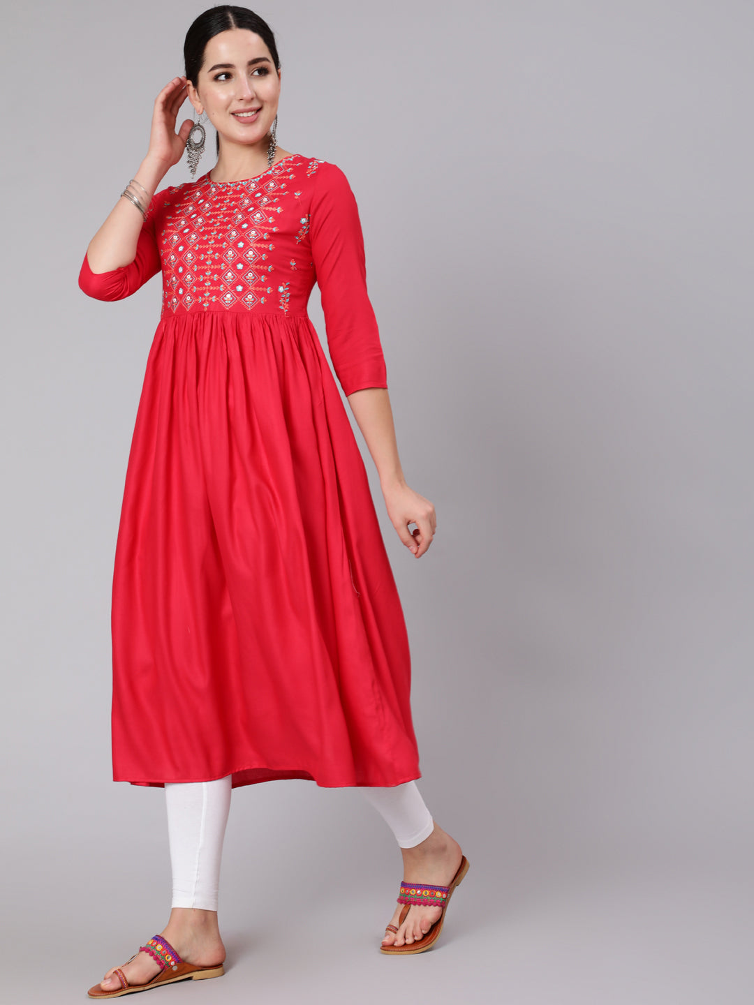 Rayon Calf Length Embroidered A-line 3/4 Sleeve Round Neck Kurta