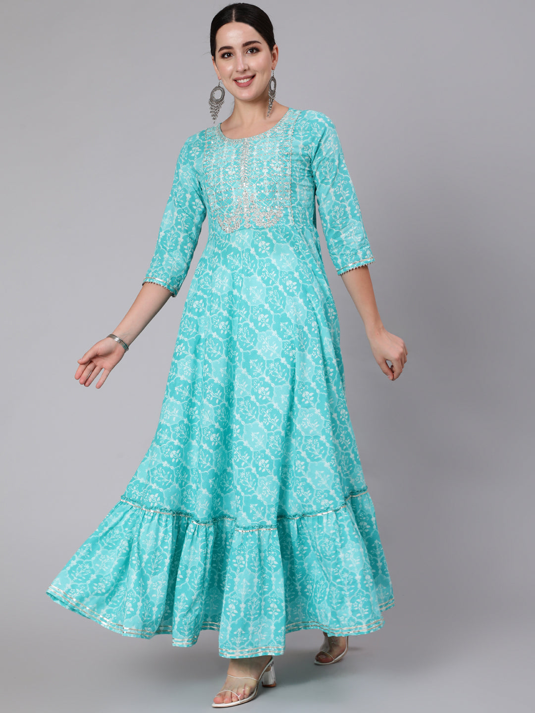 Cotton Ankle Length Sequence Flared 3/4 Sleeve Round Neck Kurta