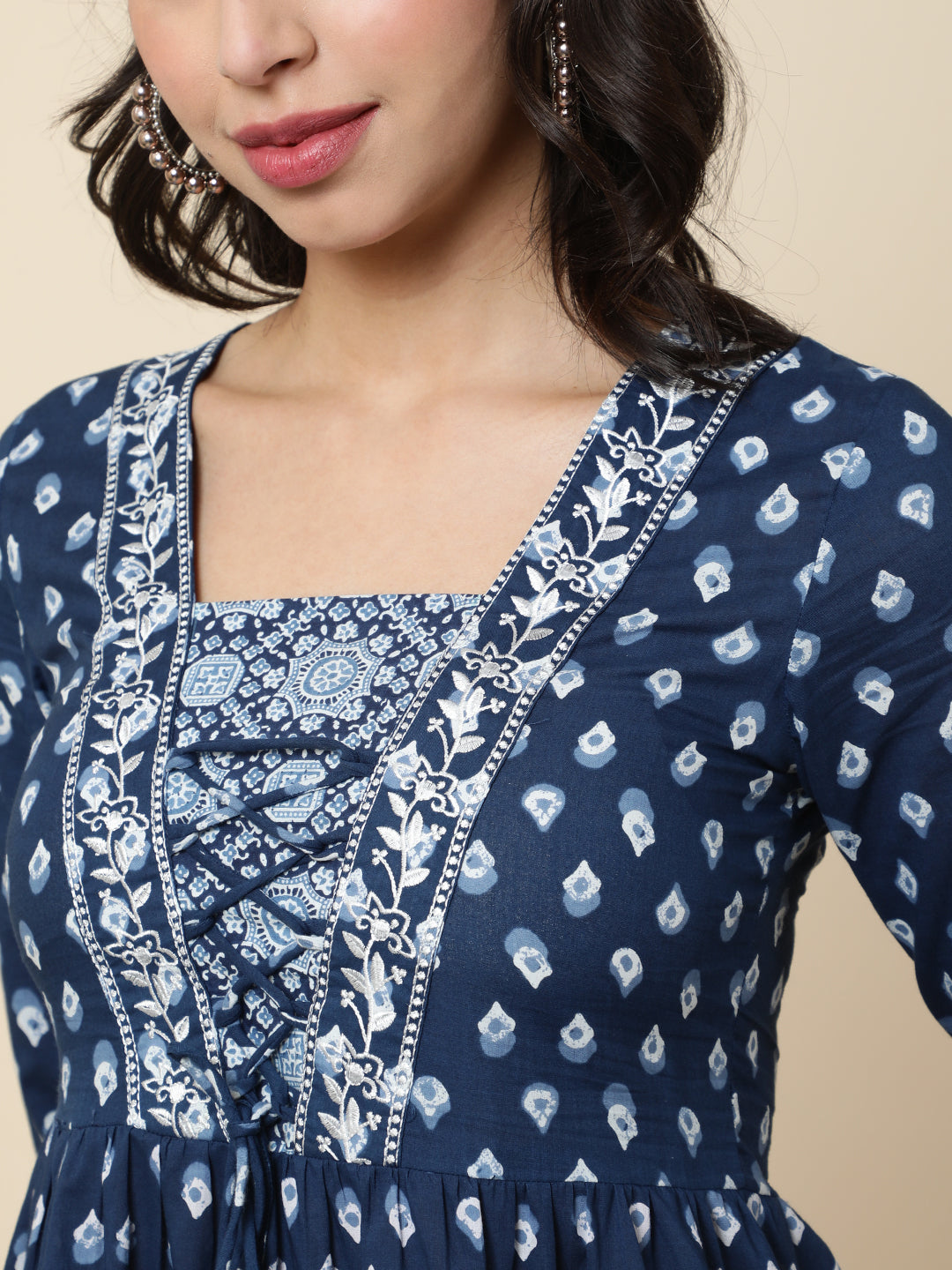 Cotton Short Length Length Printed 3/4 Sleeve Square Top