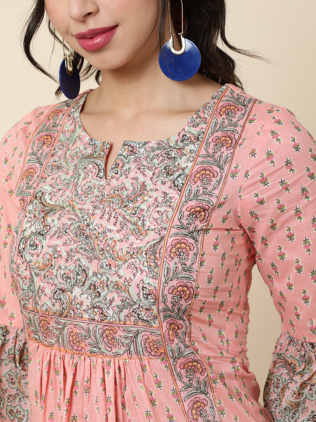 Cotton Short Length Length Printed 3/4 Sleeve Square Top