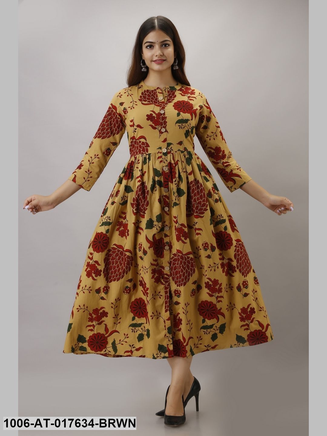 Cotton Printed Brown A-Line Kurta
