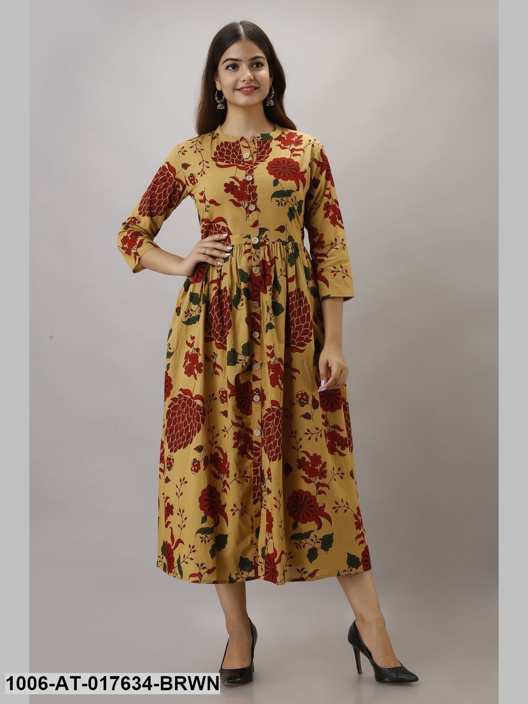 Cotton Printed Brown A-Line Kurta