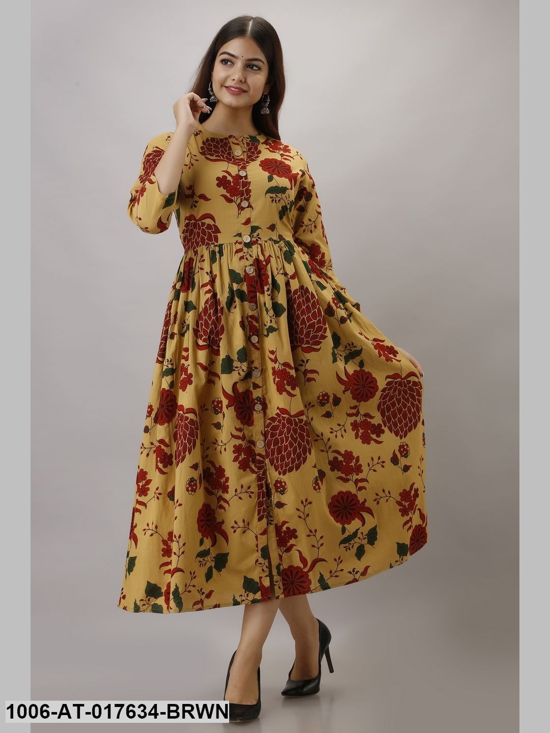 Cotton Printed Brown A-Line Kurta