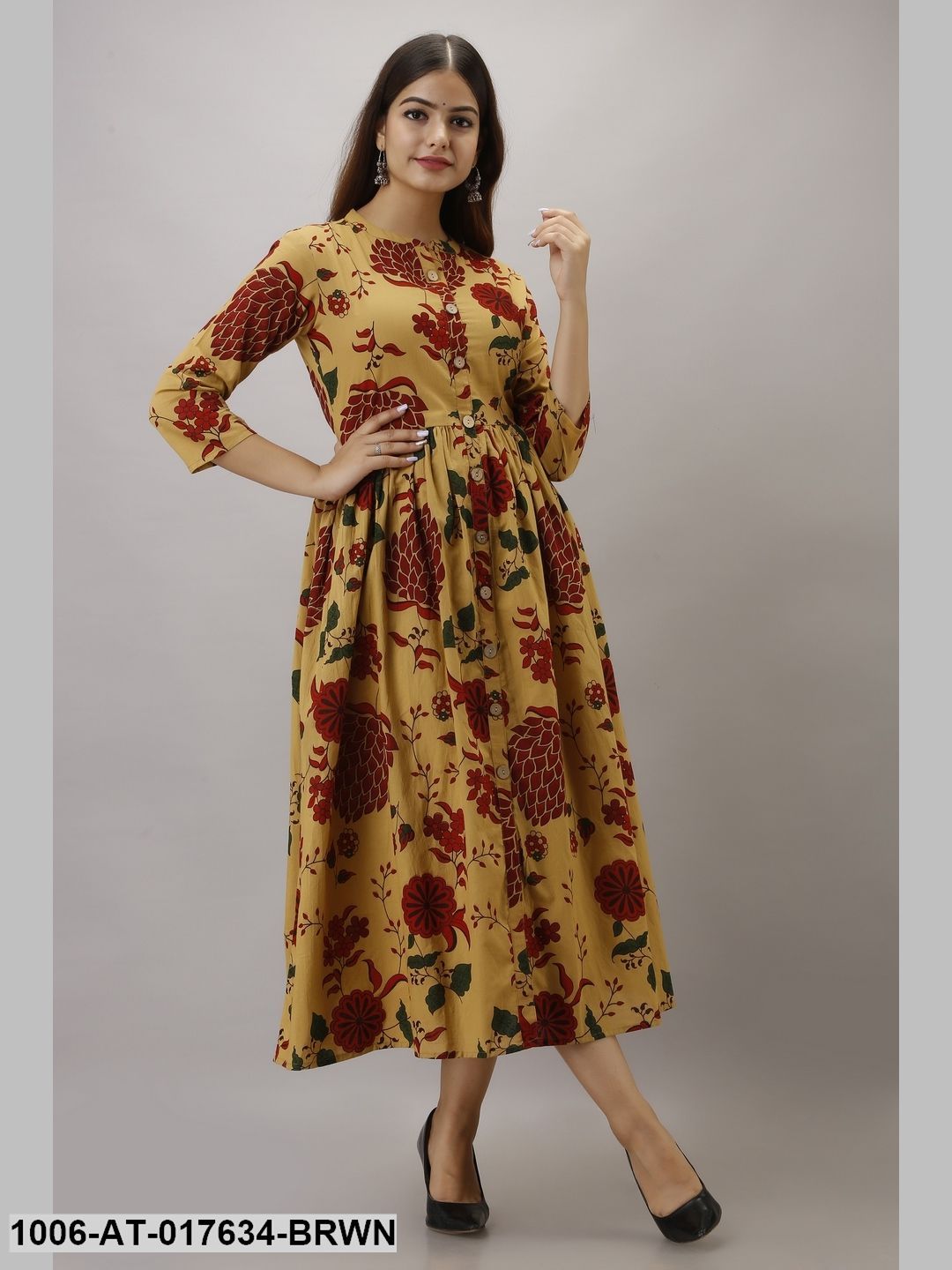 Cotton Printed Brown A-Line Kurta