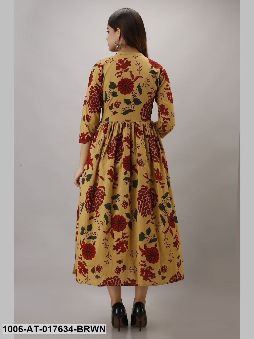 Cotton Printed Brown A-Line Kurta