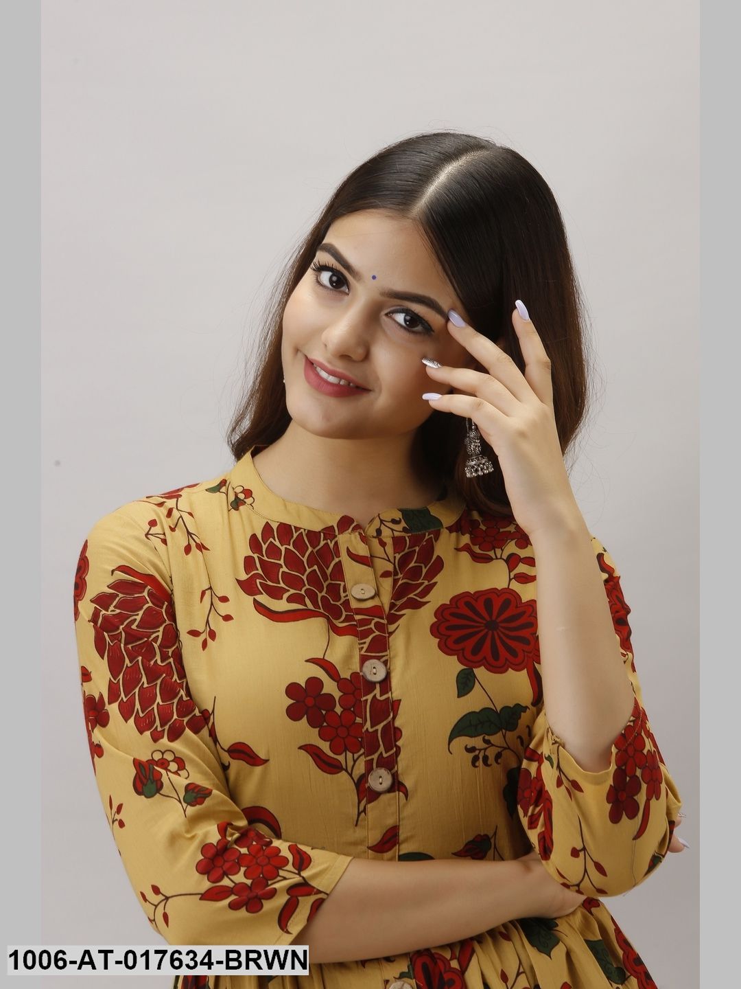 Cotton Printed Brown A-Line Kurta