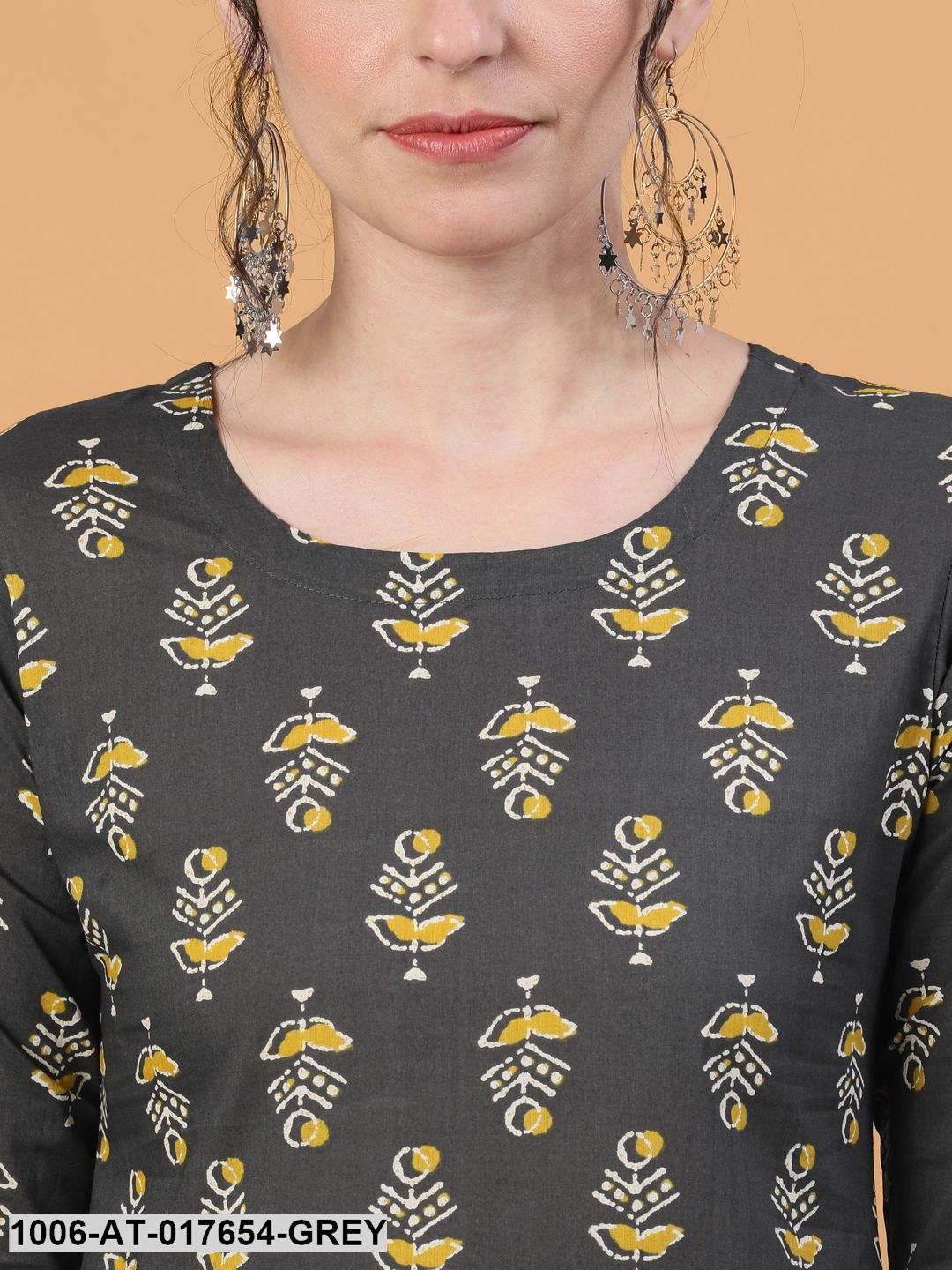 Printed Straight Calf Length 3/4 Sleeve Round Neck Cotton Kurta