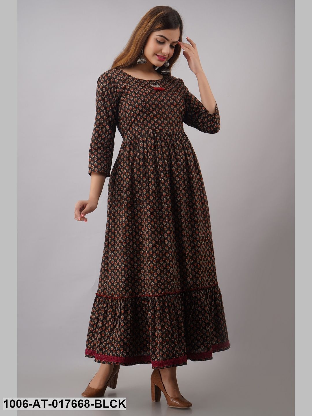 Cotton Printed Tired A-Line Kurta