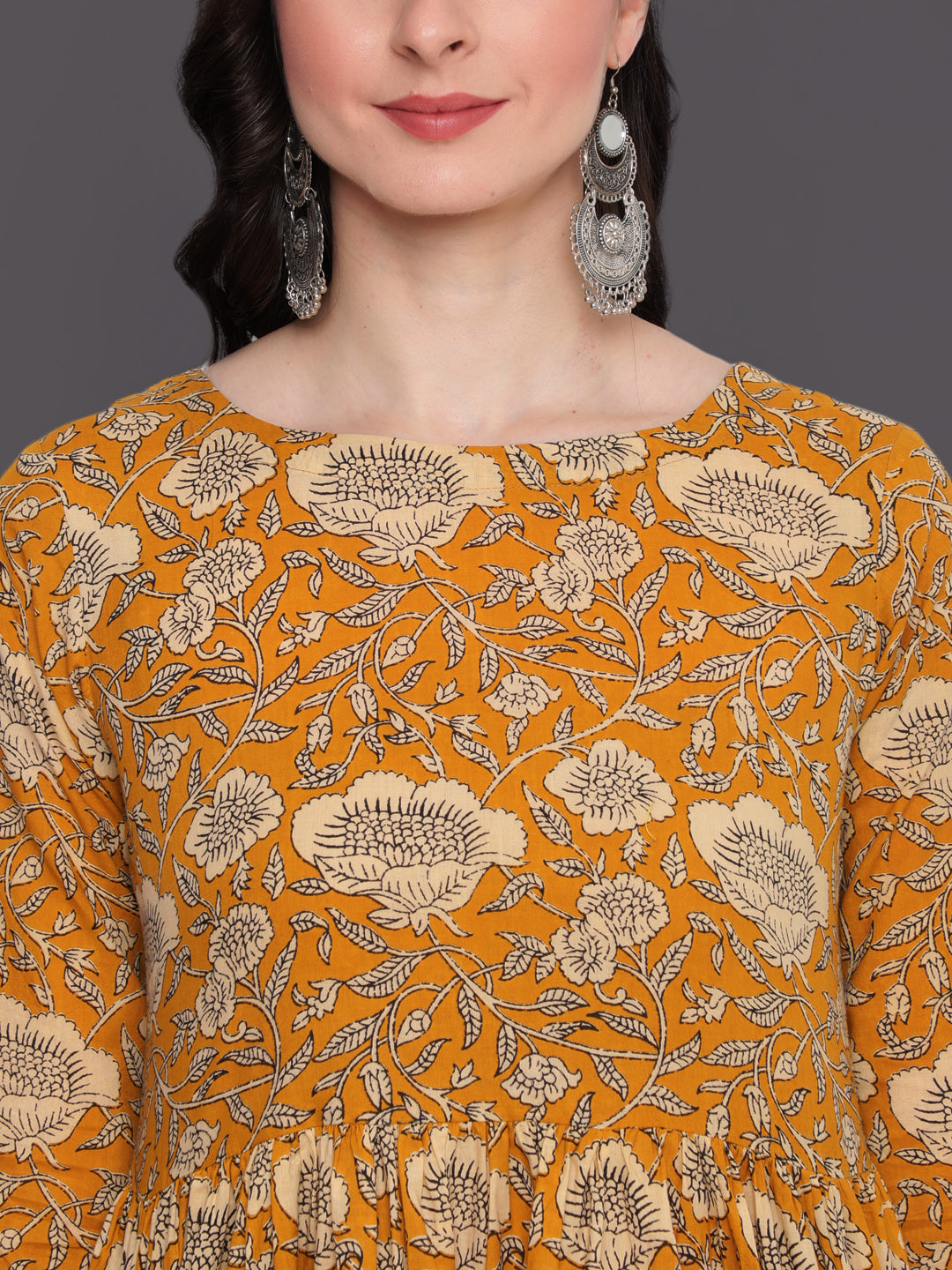 Printed Flared Calf Length 3/4 Sleeves Round Neck Cotton Kurta Dress