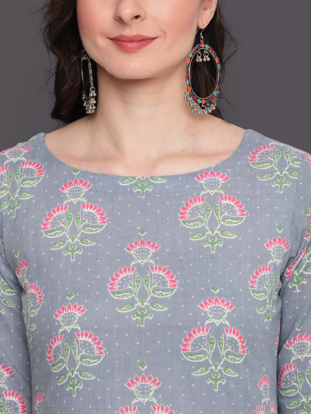 Printed Flared Calf Length 3/4 Sleeves Round Neck Cotton Kurta Dress