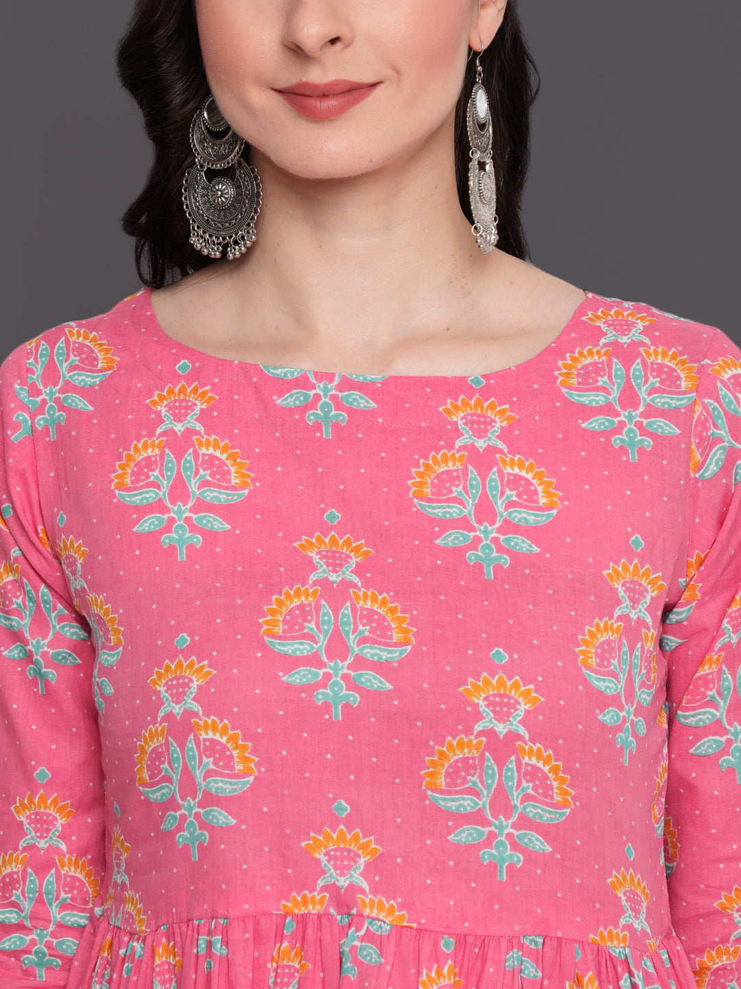 Printed Flared Calf Length 3/4 Sleeves Round Neck Cotton Kurta Dress