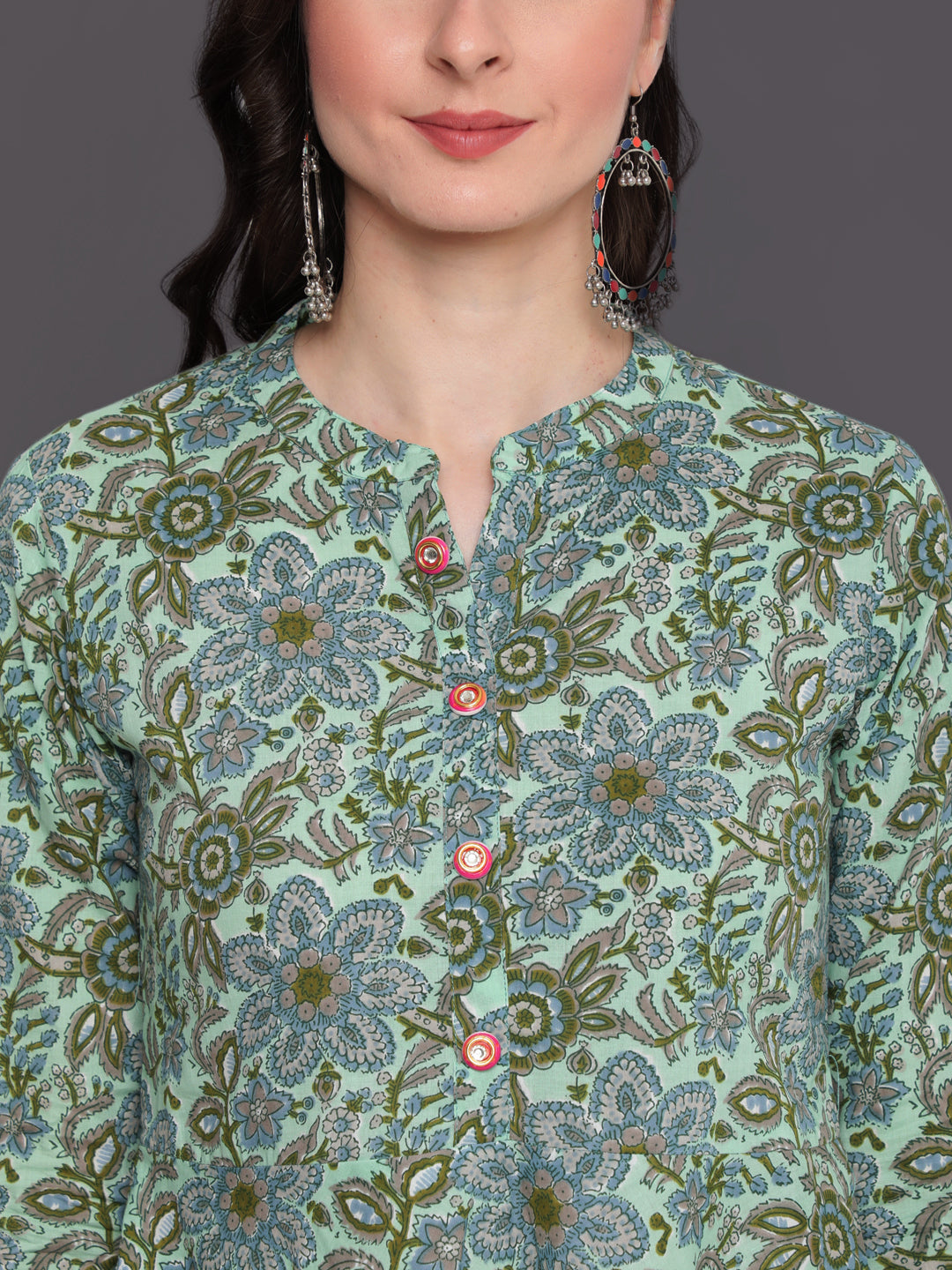 Printed Flared Calf Length 3/4 Sleeves Collor Neck Cotton Kurta