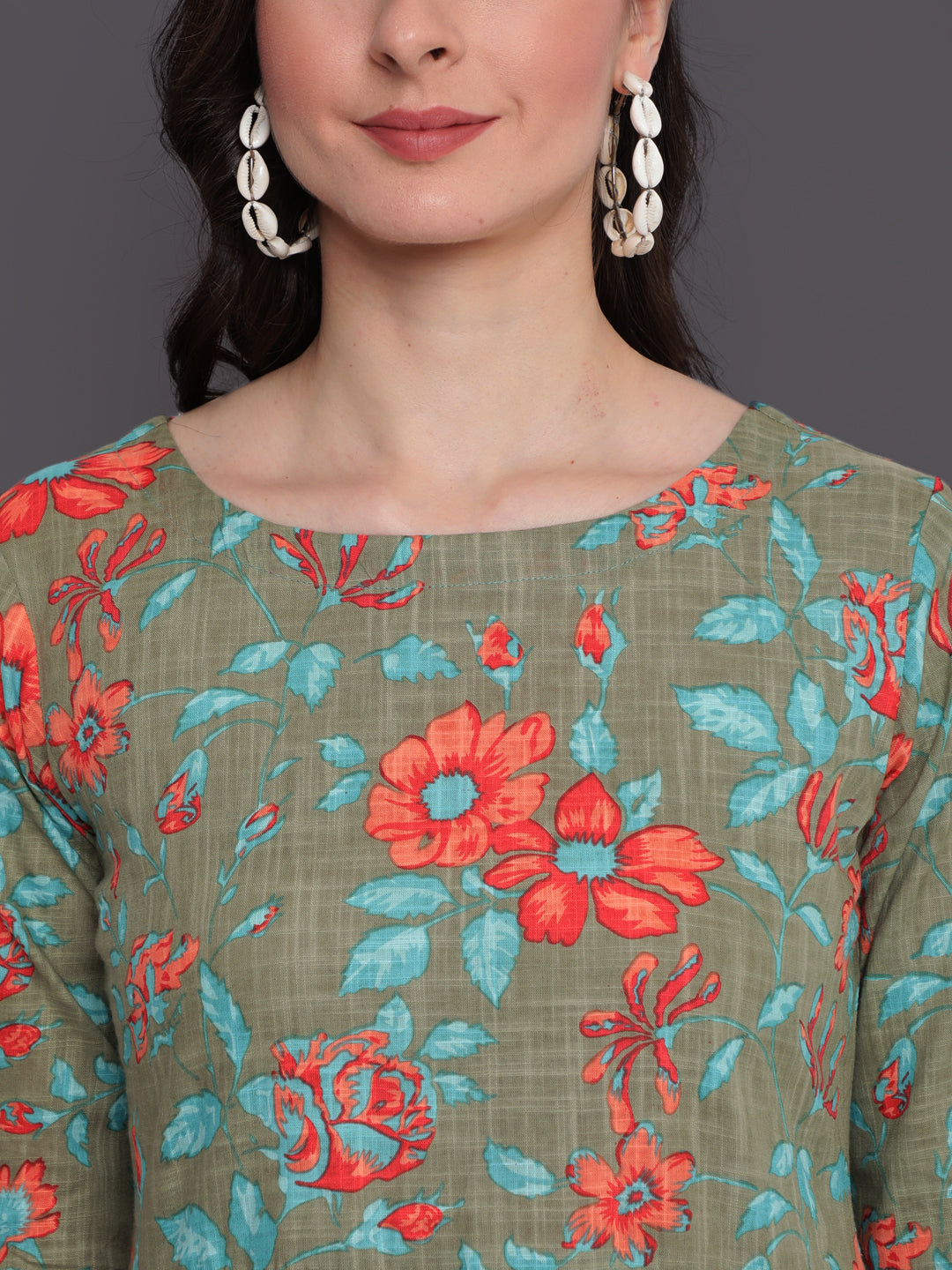 Printed Flared Calf Length 3/4 Sleeves Round Neck Cotton Slub Kurta Dress