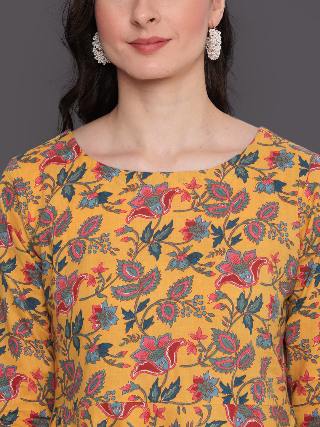 Printed Flared Ankle Length 3/4 Sleeves Round Neck Cotton Kurta