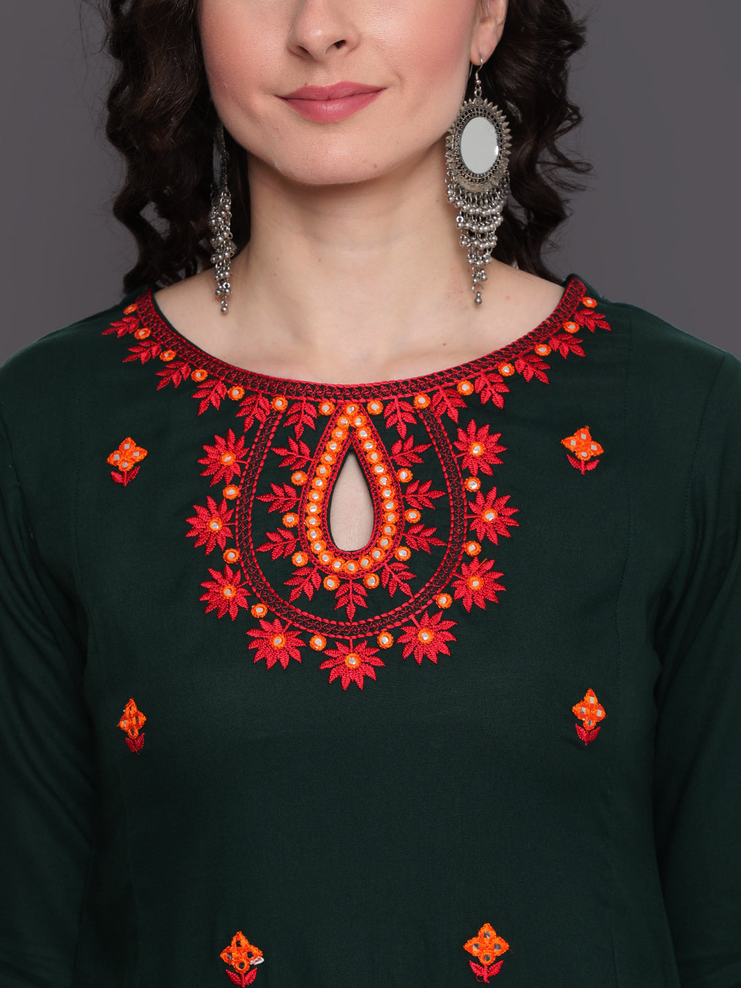 Embroidered Straight Calf Length 3/4 Sleeves Keywhole Neck Rayon Kurti