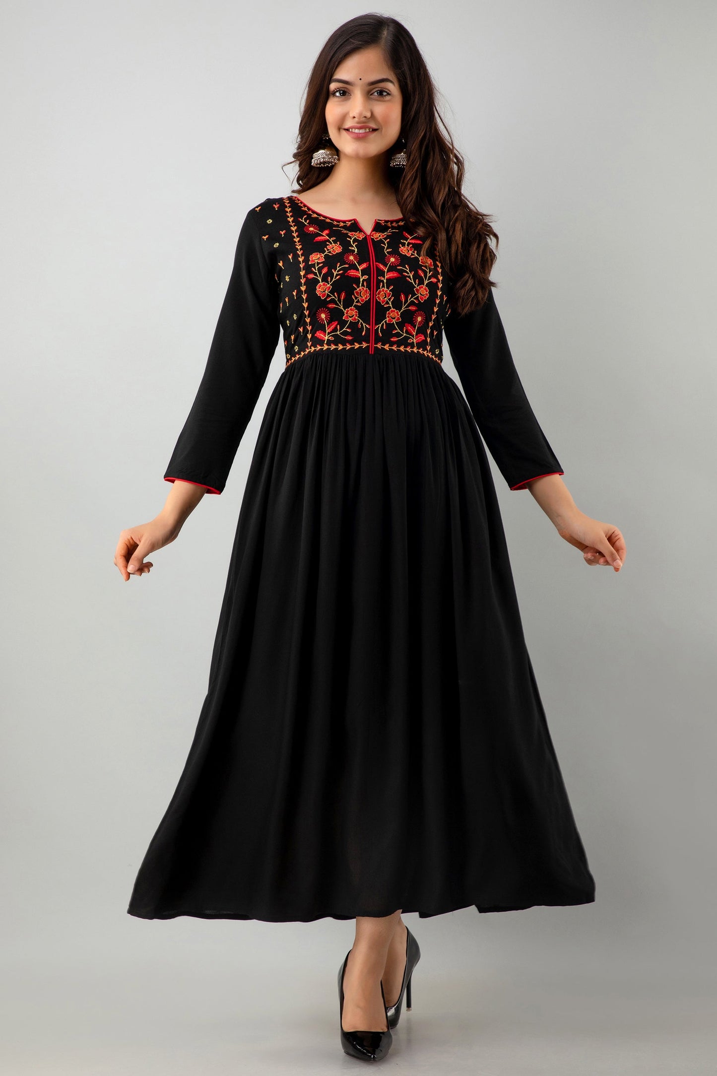 Embroidered Flared Ankle Length 3/4 Sleeves Round Neck Rayon Kurta Dress