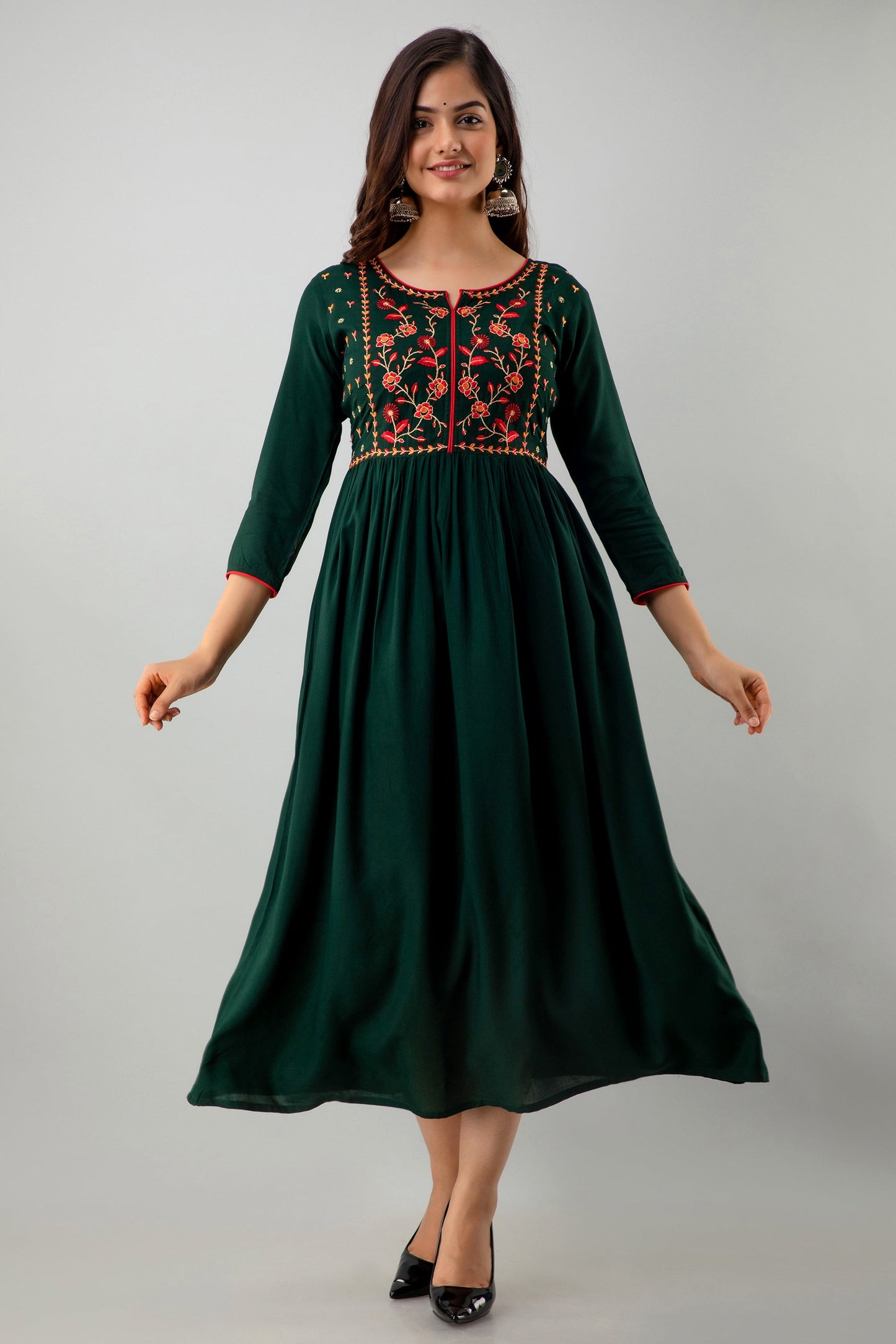 Embroidered Flared Ankle Length 3/4 Sleeves Round Neck Rayon Kurta Dress