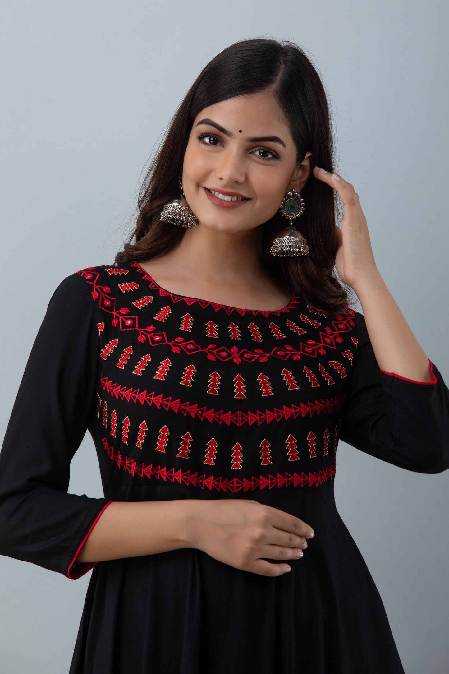 Embroidered Flared Ankle 3/4 Sleeves Round Neck Rayon Kurta