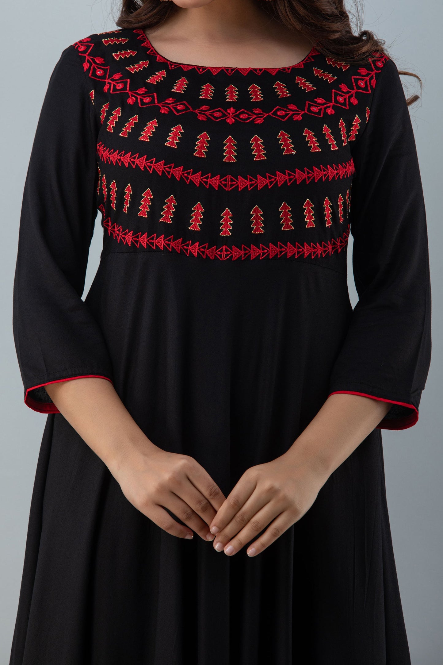 Embroidered Flared Ankle 3/4 Sleeves Round Neck Rayon Kurta
