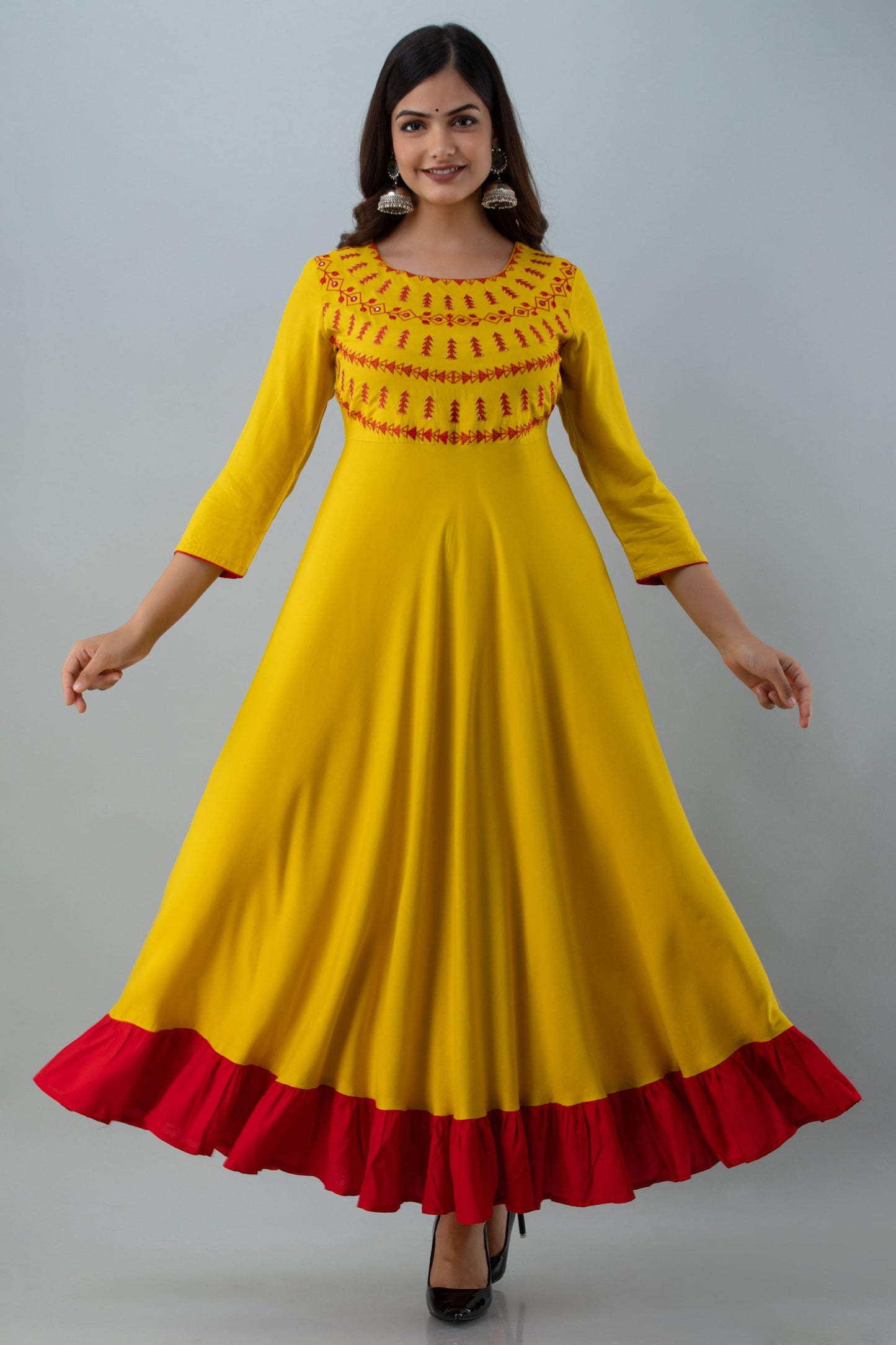 Embroidered Flared Ankle 3/4 Sleeves Round Neck Rayon Kurta