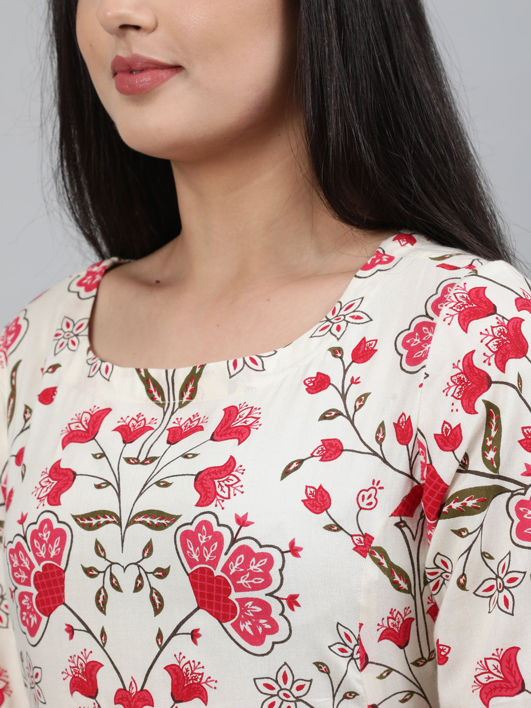 Cotton Printed 3/4 Sleeve Flared Collar Neck Calf Length Kurta
