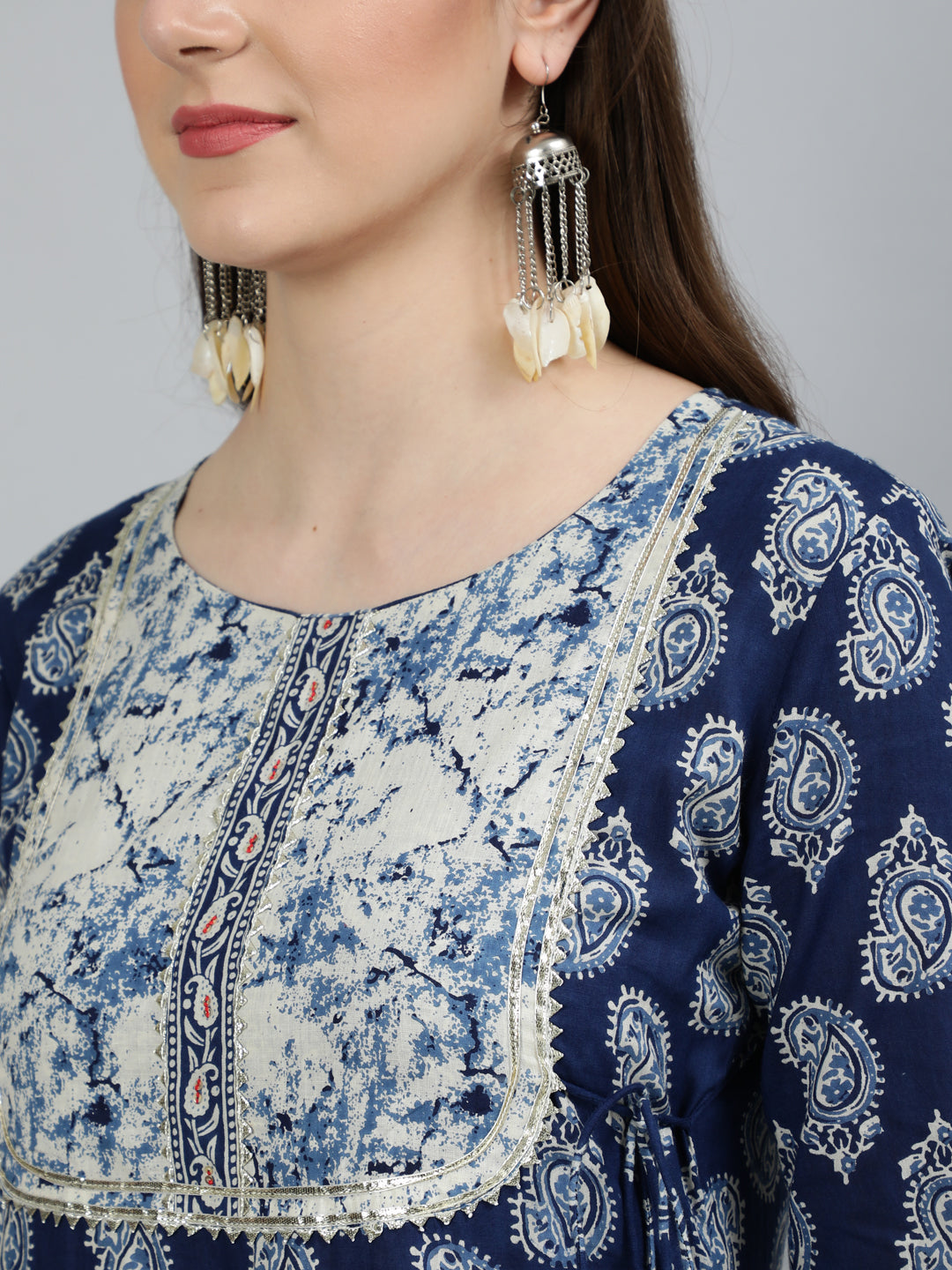 Cotton Printed Flared 3/4 Sleeve Round Neck Ankle Length Kurta