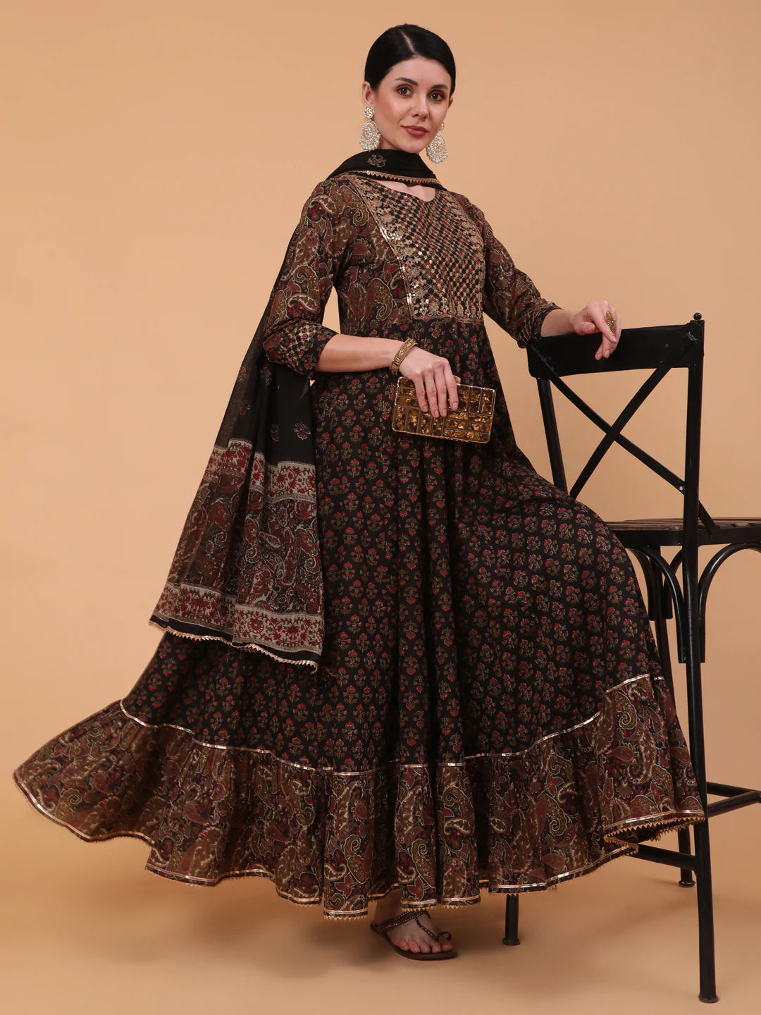 Cotton Full Length Embroidered Flared 3/4 Sleeve Round Neck Kurta Dupatta Set