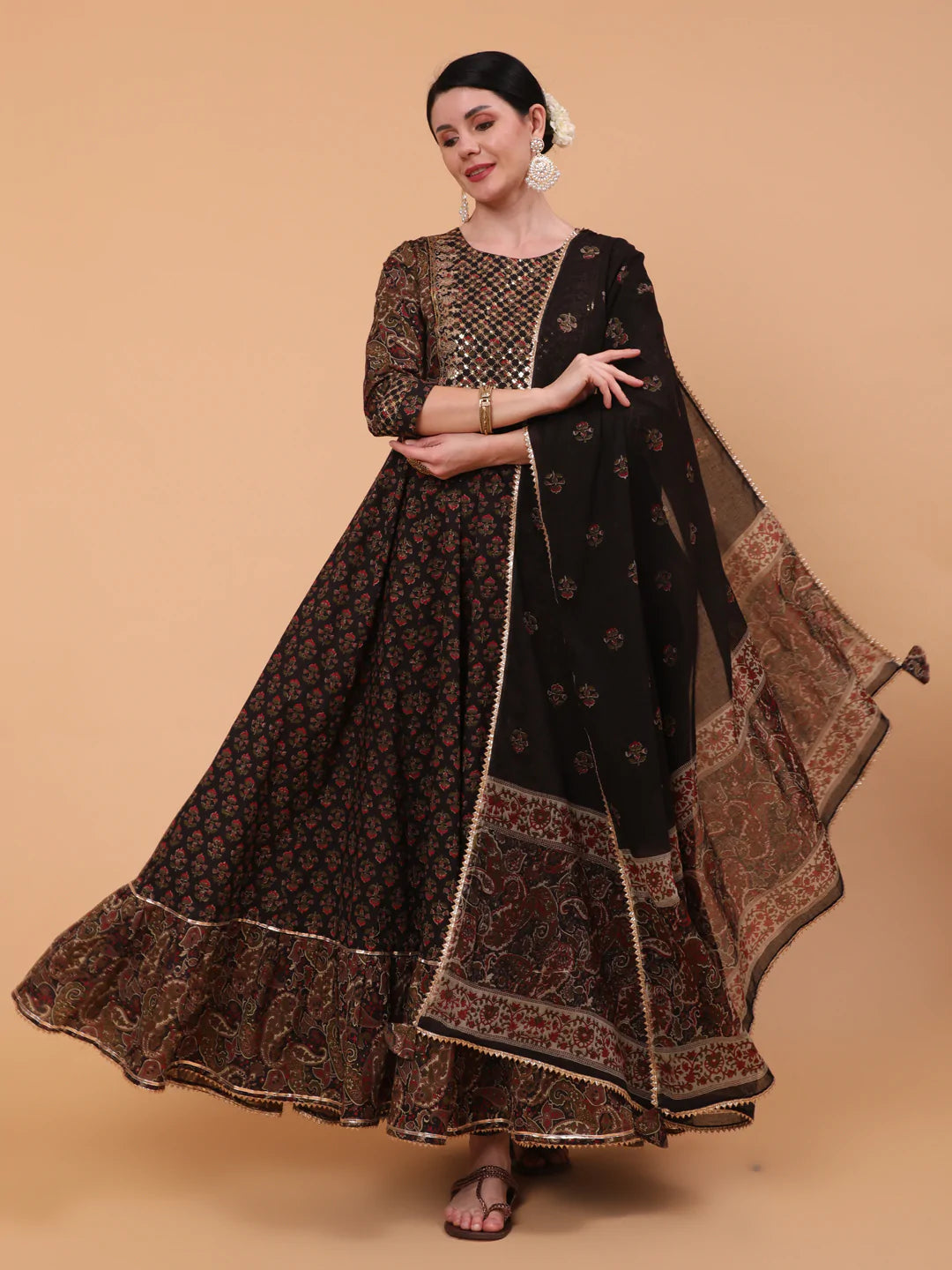 Cotton Full Length Embroidered Flared 3/4 Sleeve Round Neck Kurta Dupatta Set