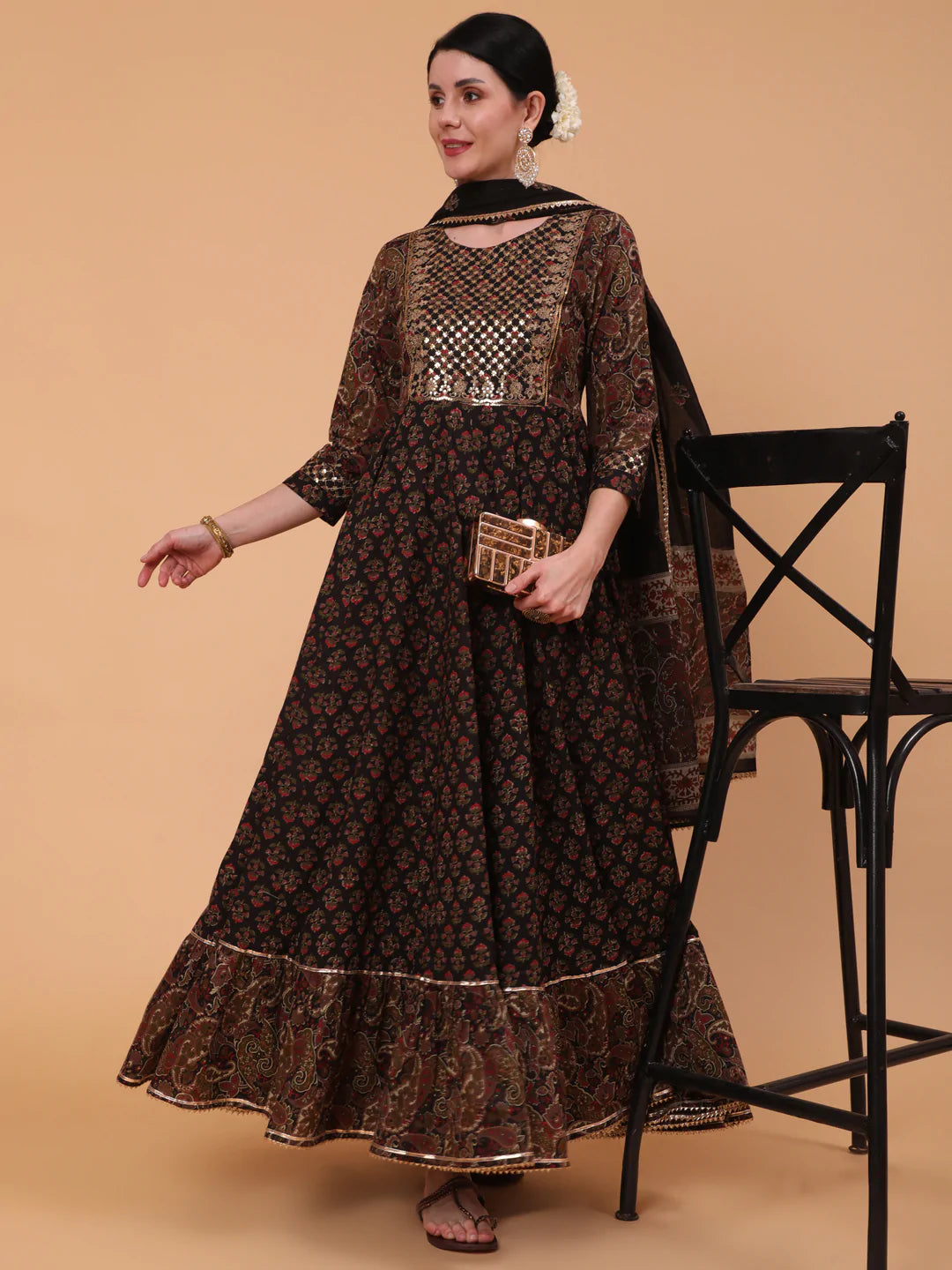 Cotton Full Length Embroidered Flared 3/4 Sleeve Round Neck Kurta Dupatta Set