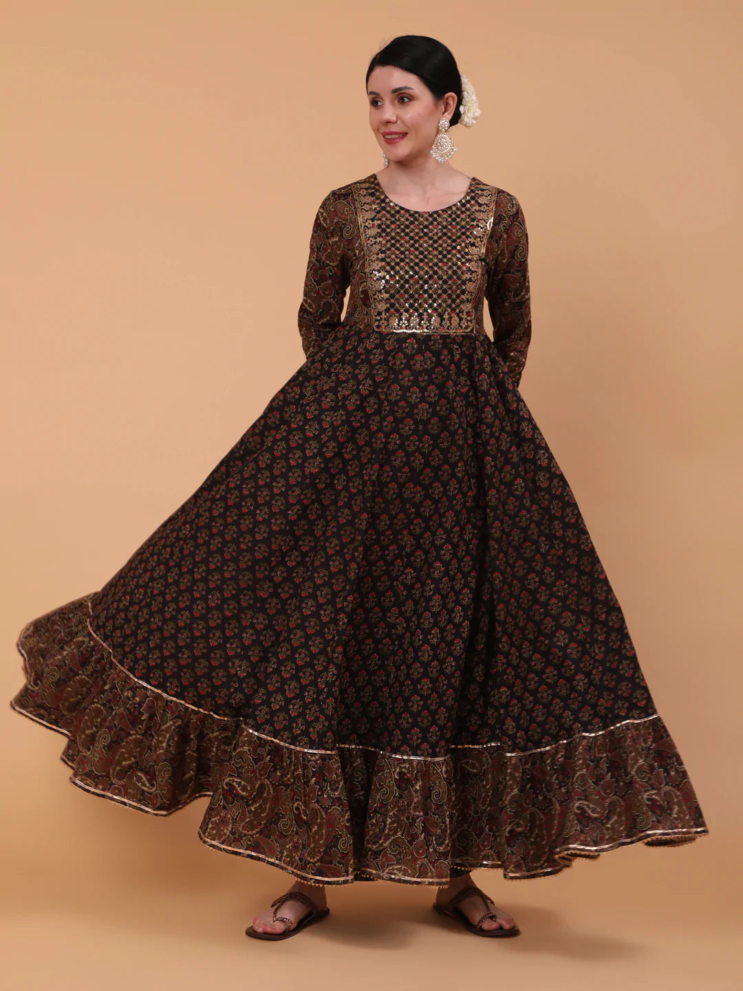 Cotton Full Length Embroidered Flared 3/4 Sleeve Round Neck Kurta Dupatta Set
