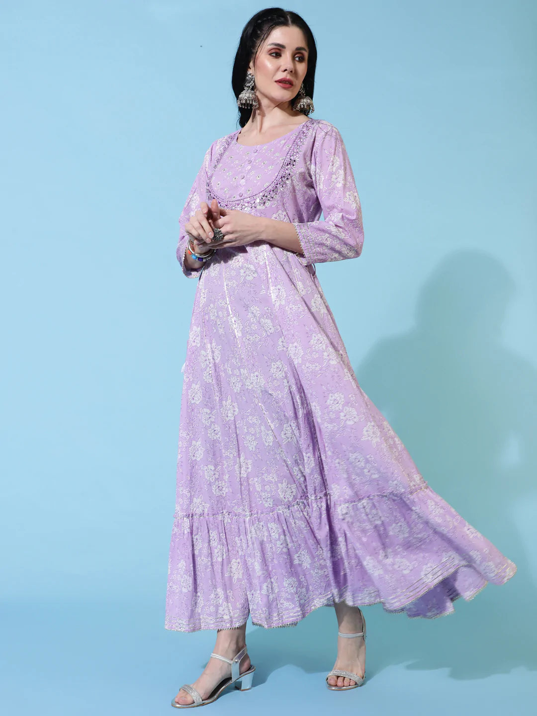 Cotton Full Length Flared 3/4 Sleeves Printed Round Neck Kurta