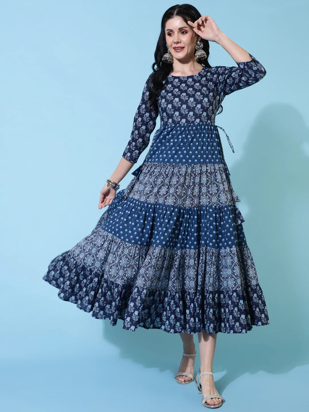 Cotton Calf Length Flared 3/4 Sleeves Printed Round Neck Kurta