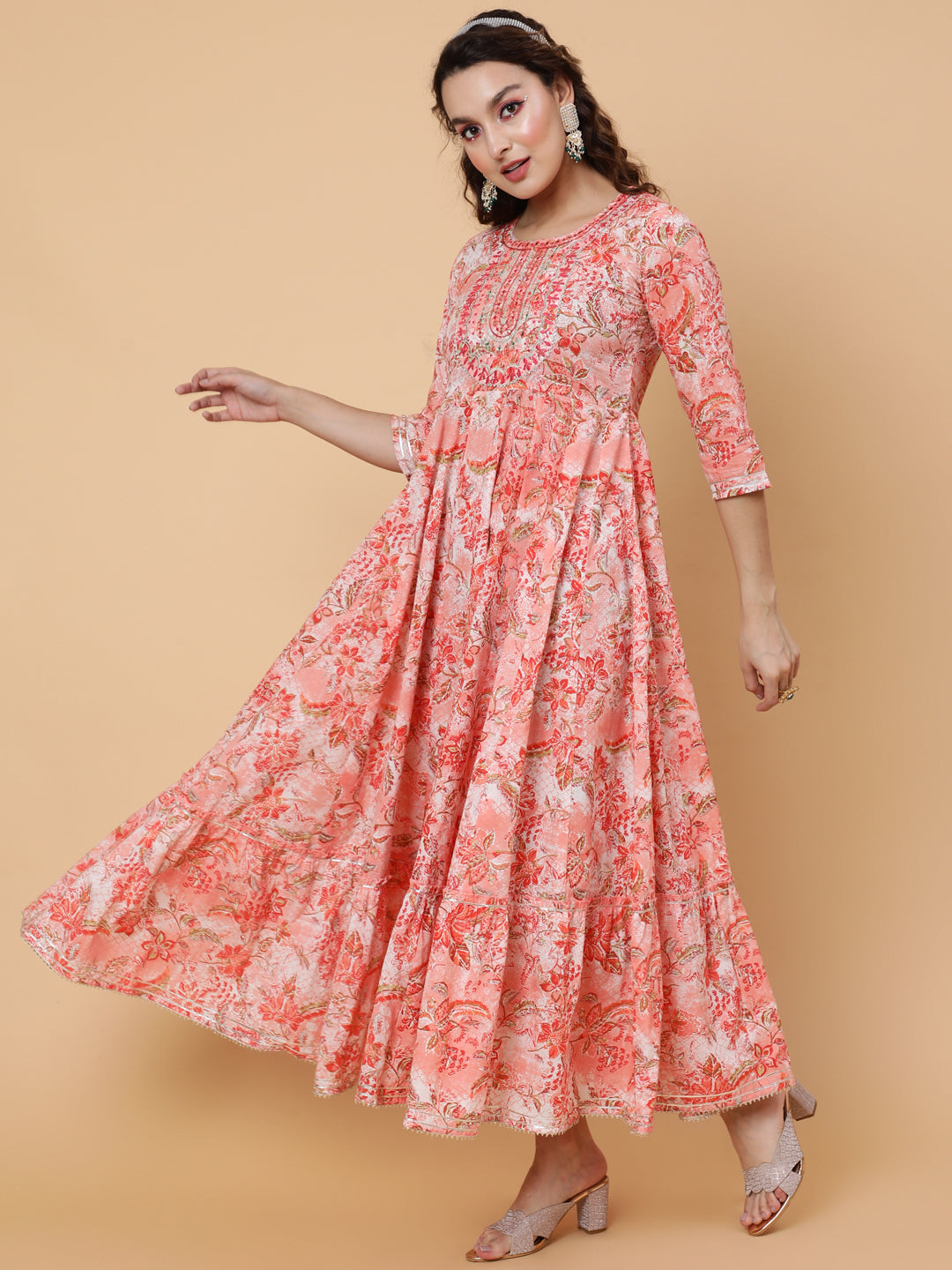 Rayon Ankle Length Printed Flared 3/4 Sleeves Round Neck Kurta