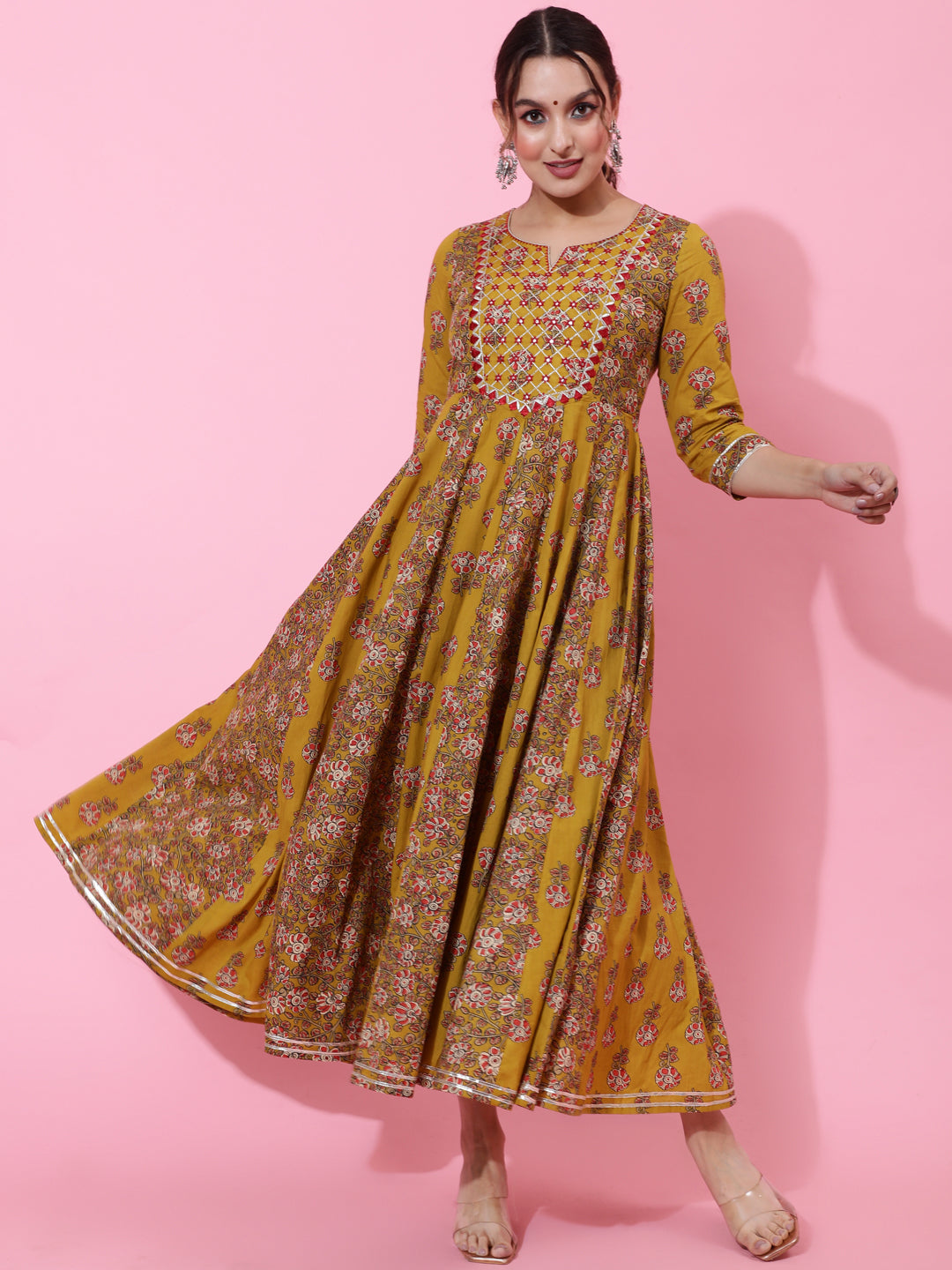 Cotton Ankle Length Printed Flared 3/4 Sleeves Round Neck Kurta