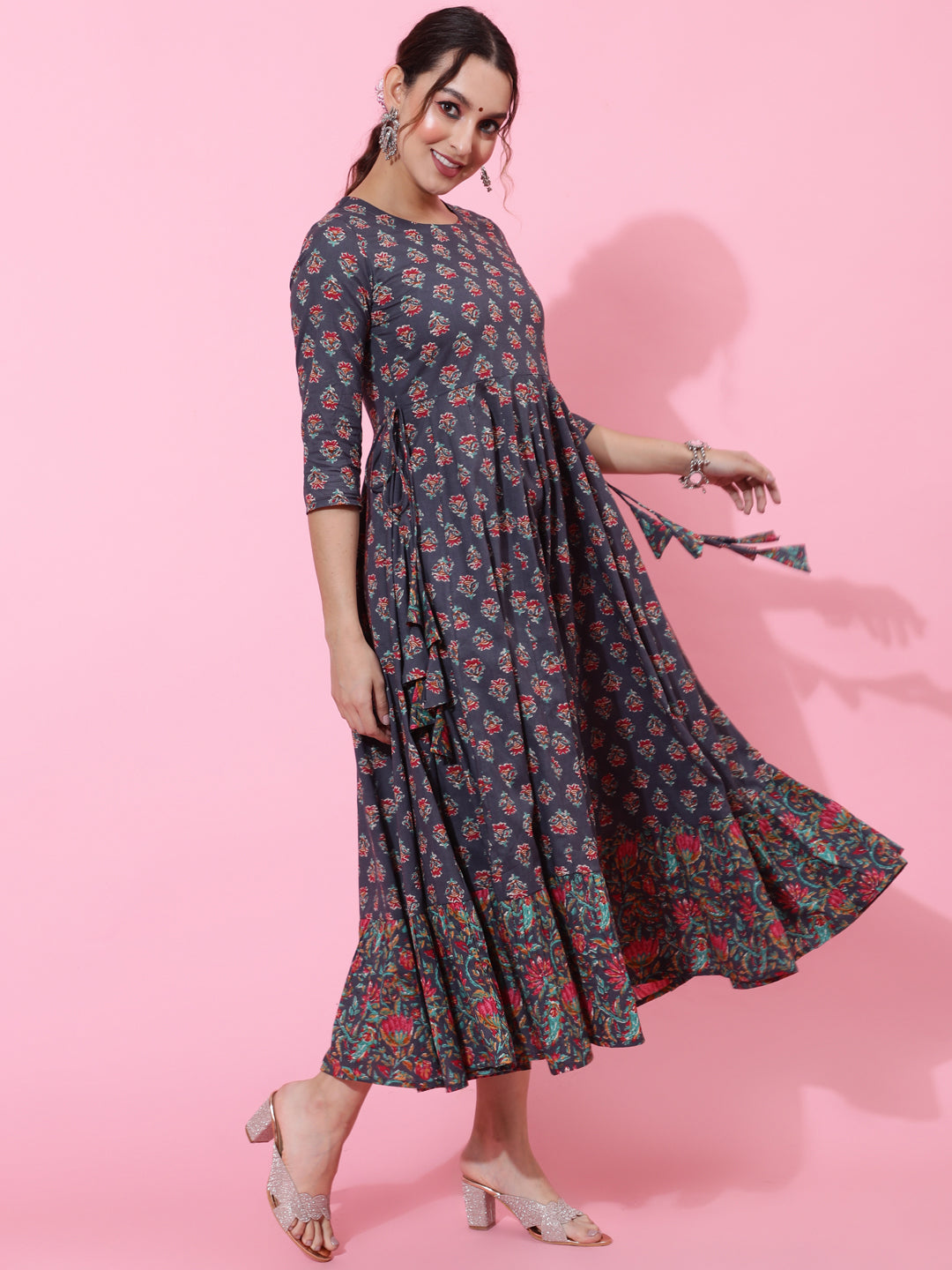 Cotton Calf Length Printed Flared 3/4 Sleeves Round Neck Kurta