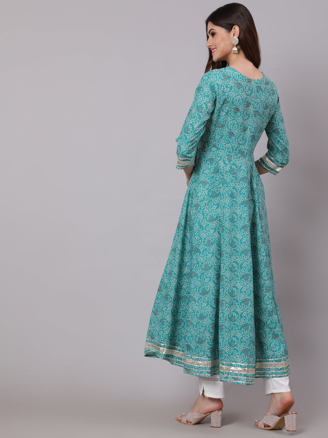 Cotton Calf Length Printed Flared 3/4 Sleeve Round Neck Kurta