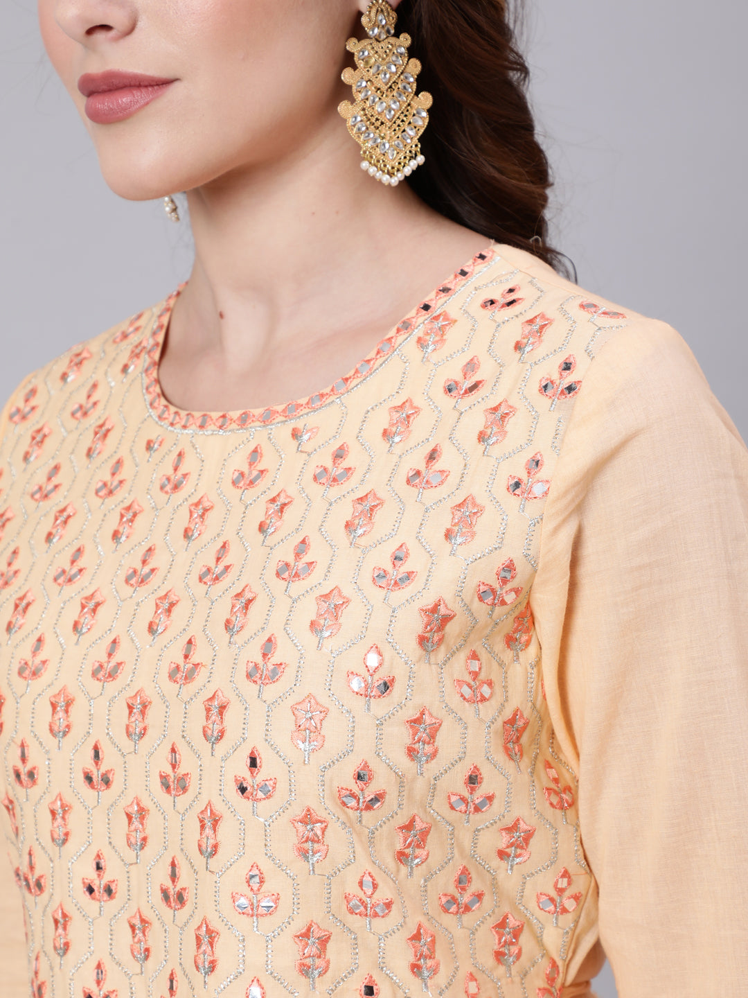 Cotton Full Length Mirror Work Flared 3/4 Sleeve Round Neck Kurta