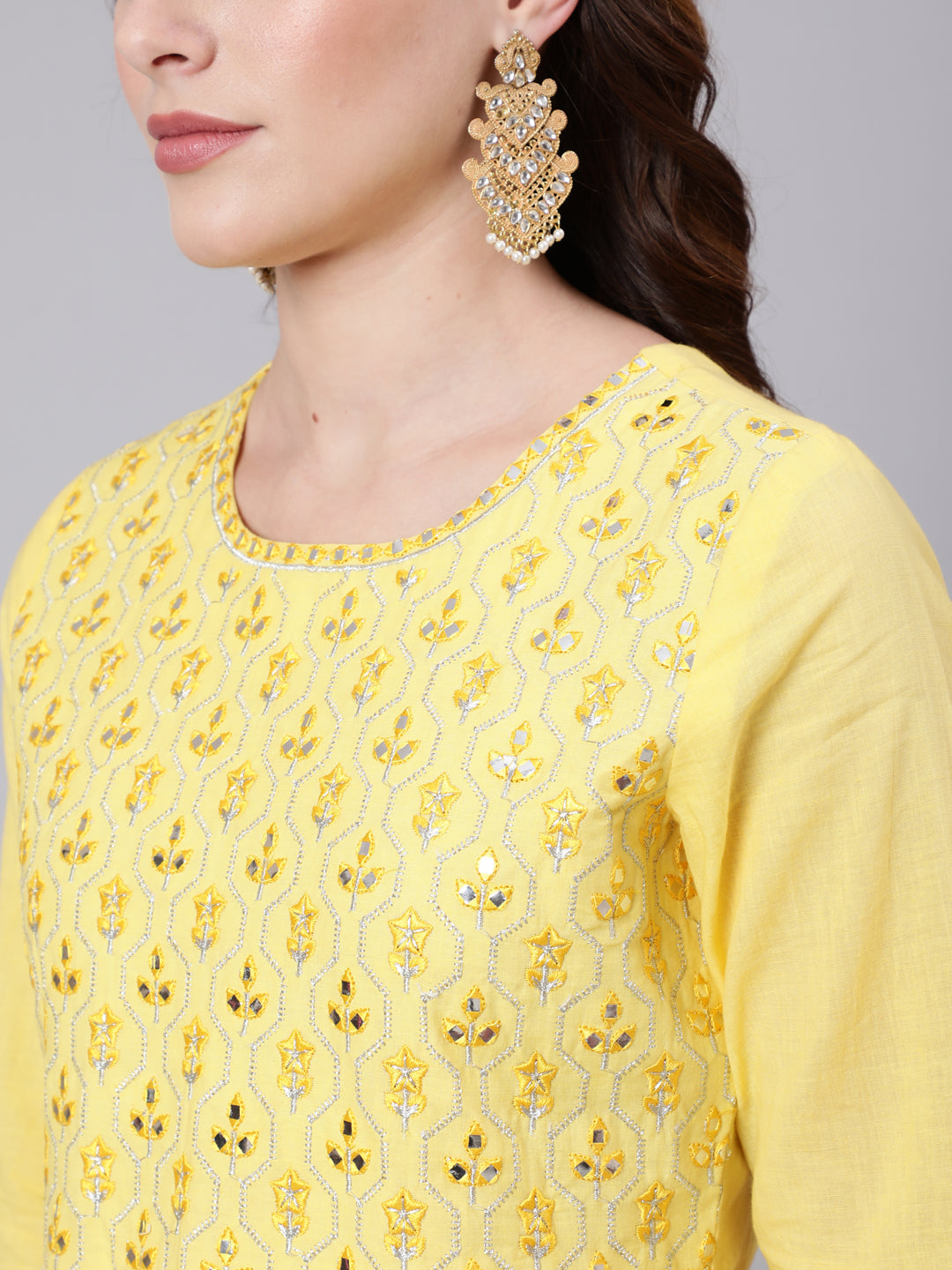Cotton Full Length Mirror Work Flared 3/4 Sleeve Round Neck Kurta