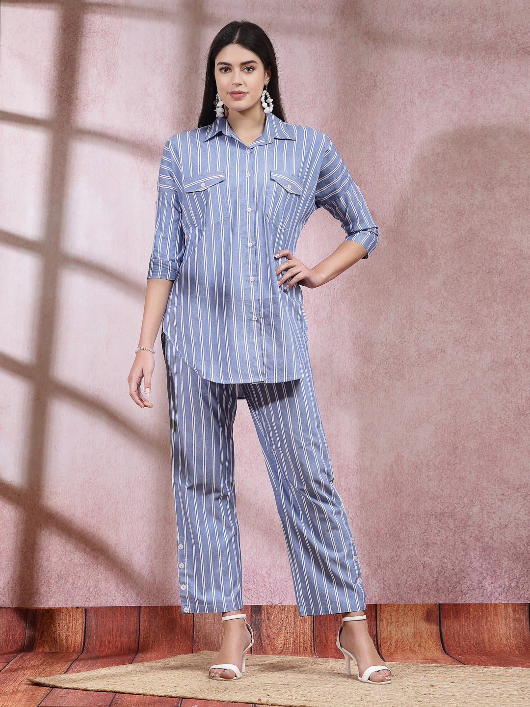 Woven Striped Cotton Blend Co-Ord Set