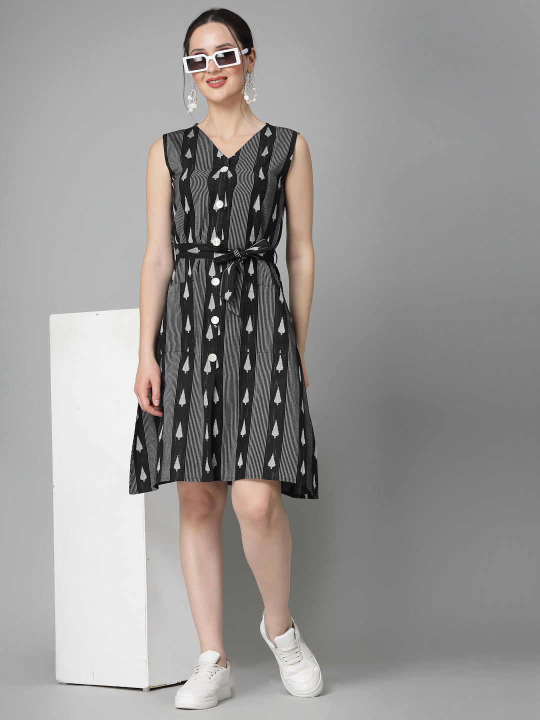 Woven Design Cotton Blend Sheath Dress