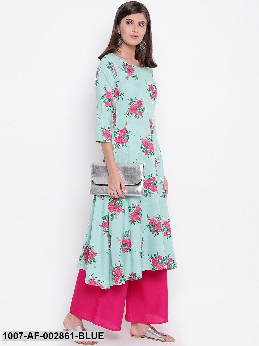 Floral Print Rayon Flared Kurta and Palazzo Set (Light Green,Pink)
