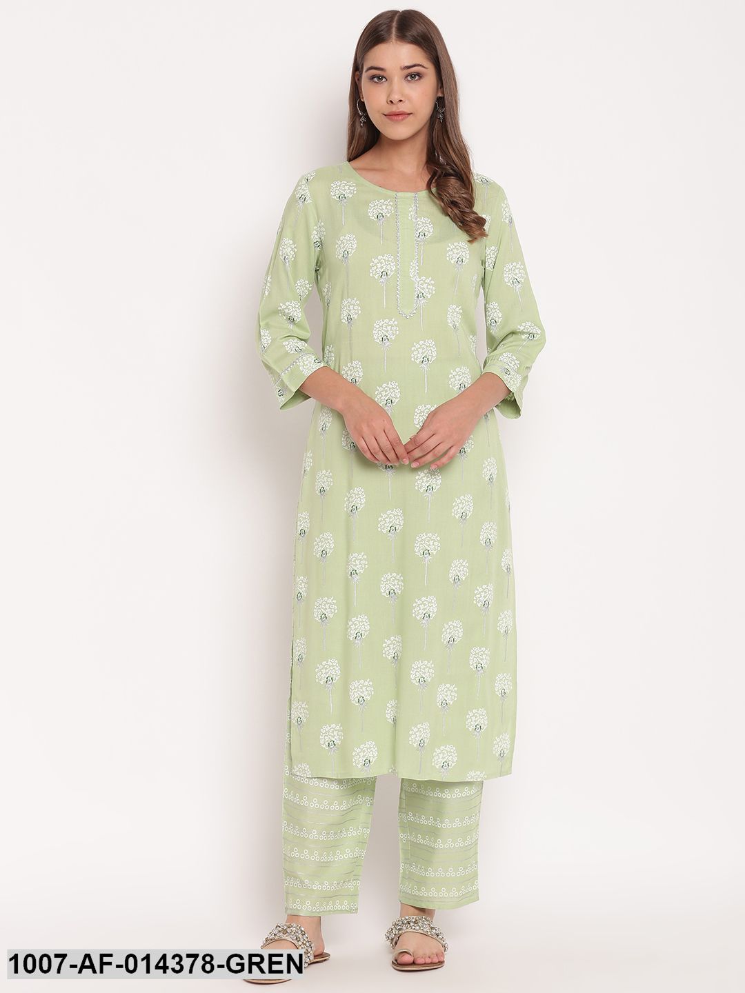 Floral Print Rayon Straight Kurta Pant Set (Mint Green)