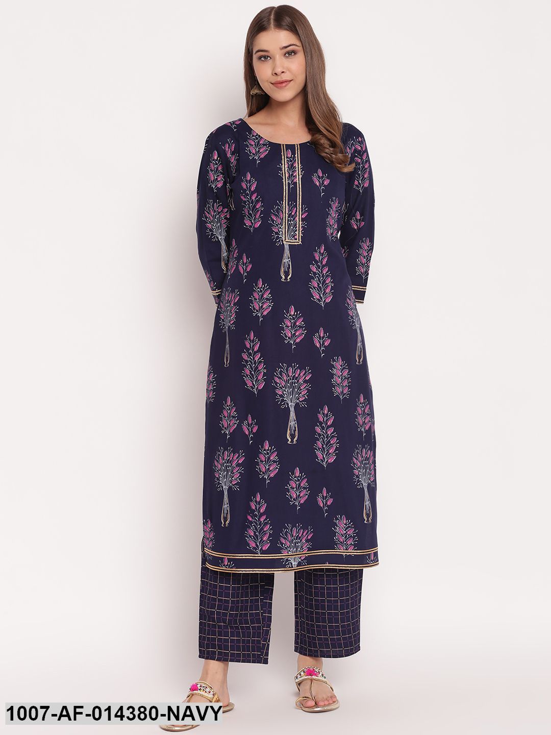 Floral Print Rayon Straight Kurta Pant Set (Navy Blue)