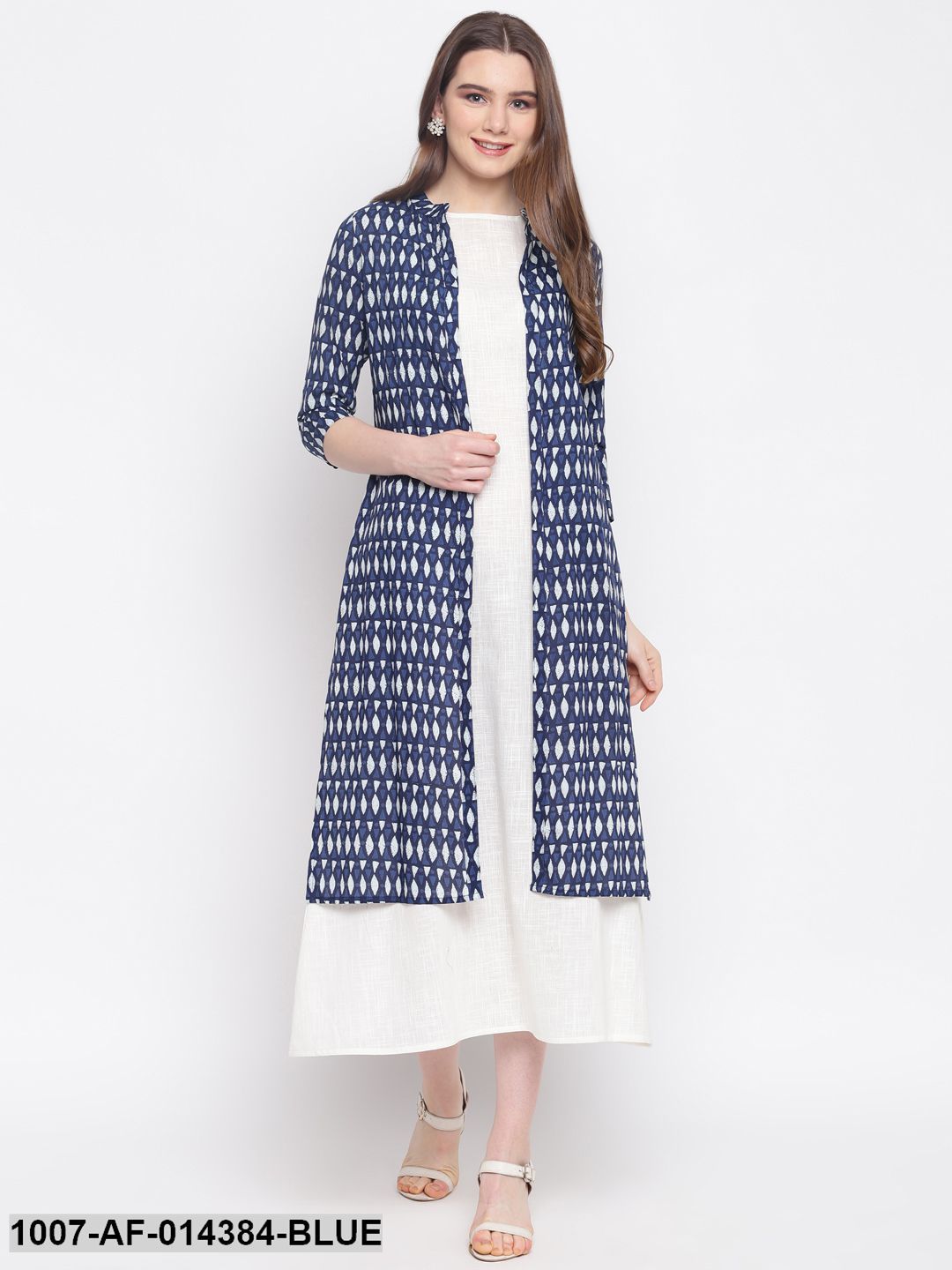 Printed Cotton Kurta with Jacket (Blue,White)