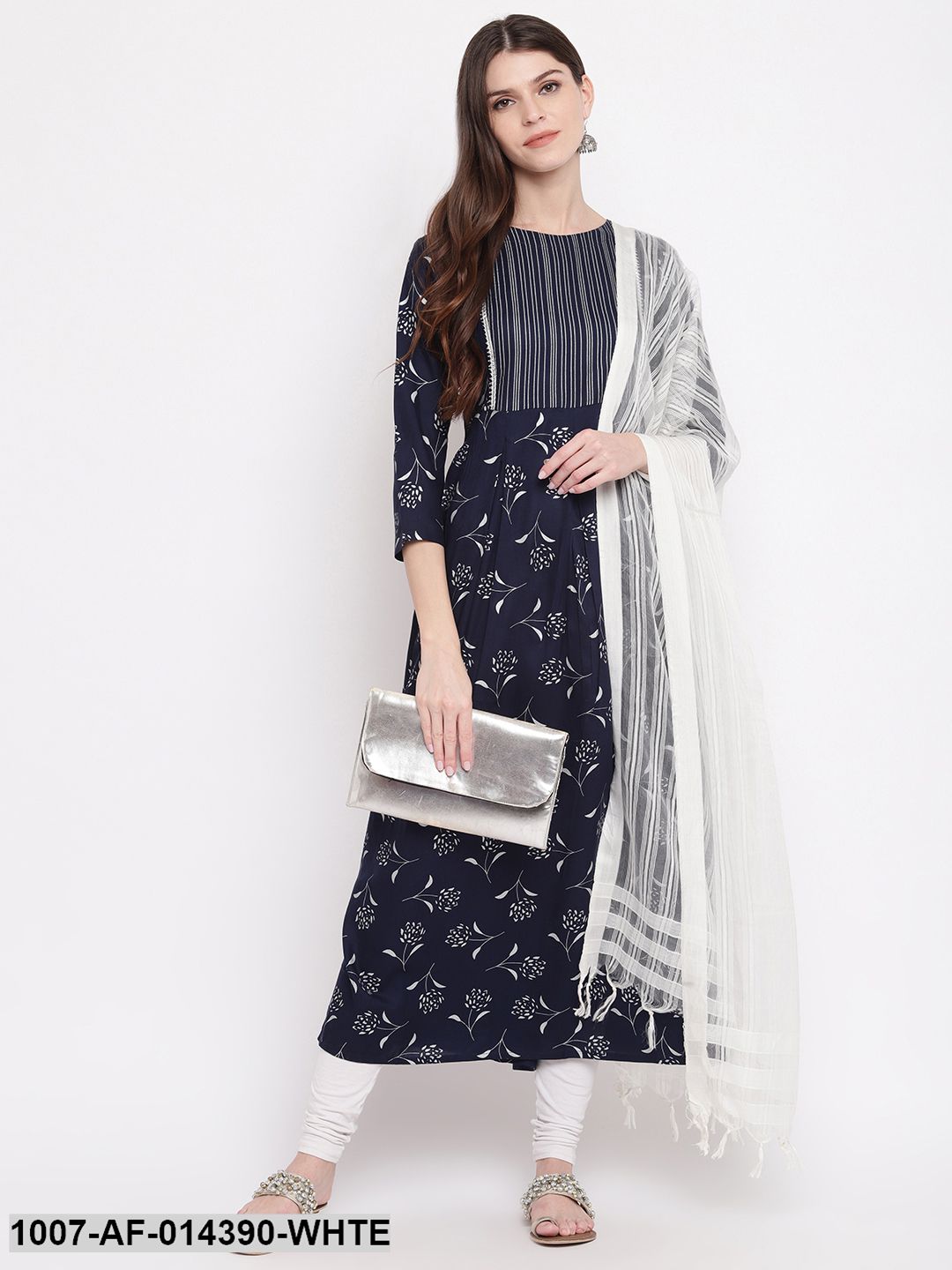 Silver Print Rayon Pleated kurta Dupatta Set (Navy Blue)