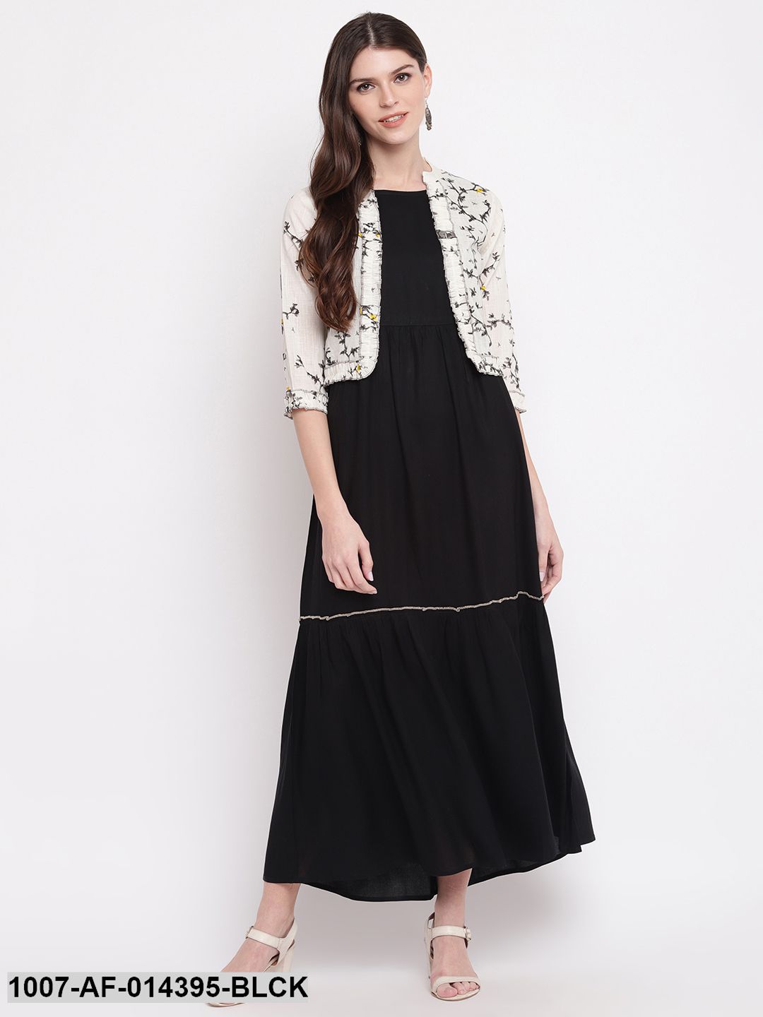 Solid Rayon Tiered kurta with Printed Jacket (Black,White)