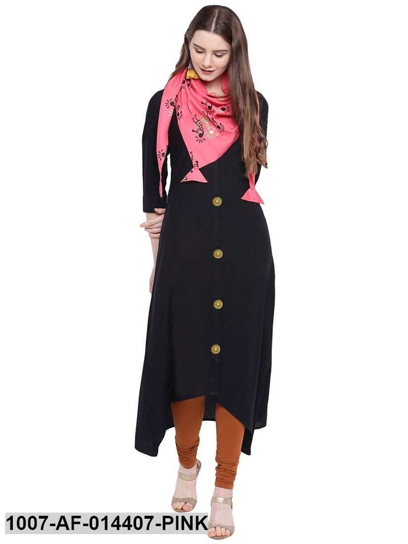 Solid Rayon Asymmetric Kurta with Stole (Black)