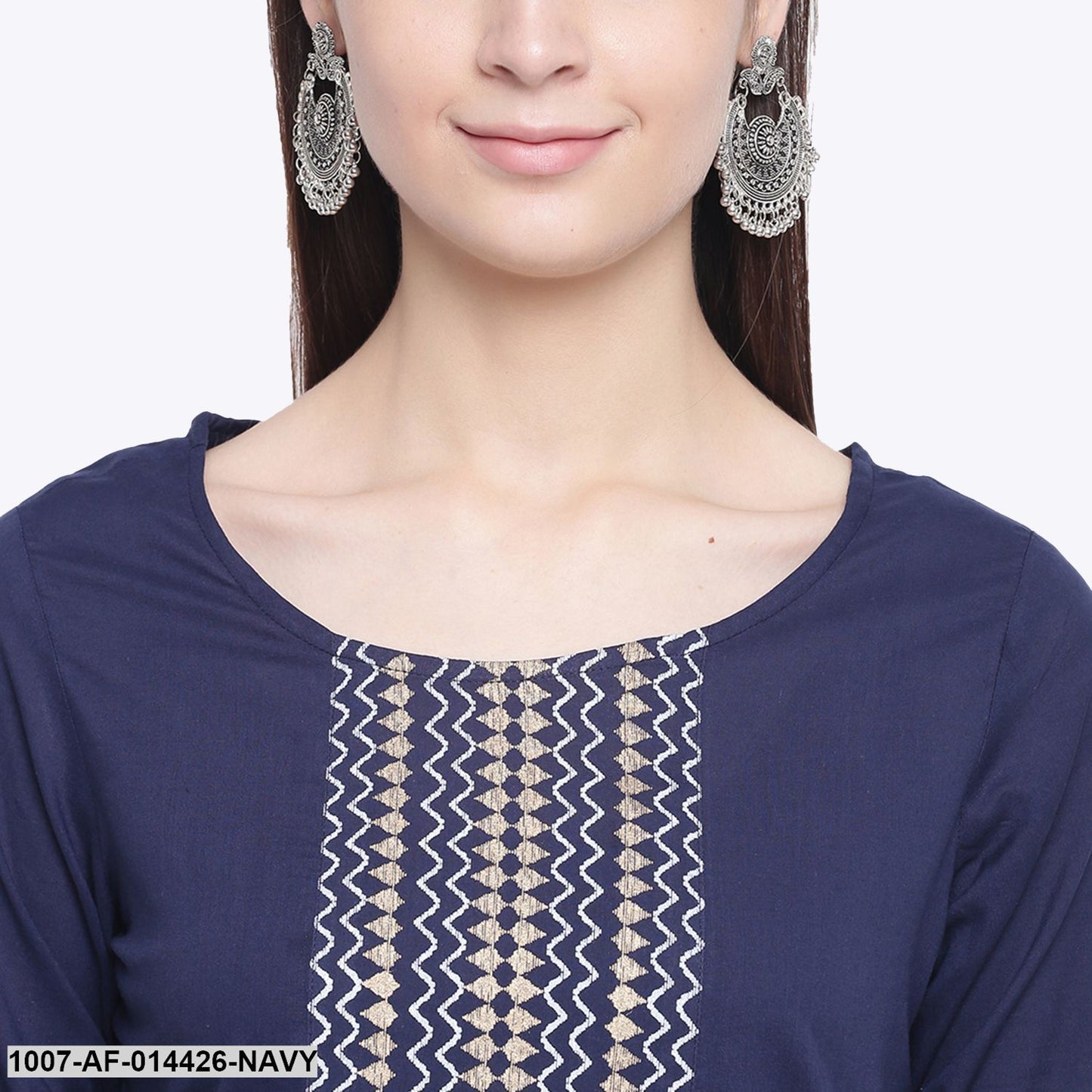 Gold Print Cotton Straight Kurta Palazzo Set (Navy Blue,White)