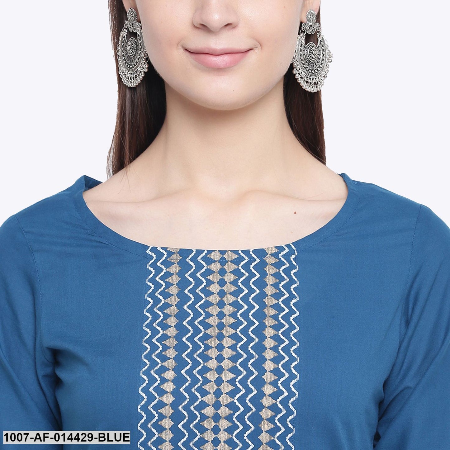 Gold Print Cotton Straight Kurta Palazzo Set (Blue,White)